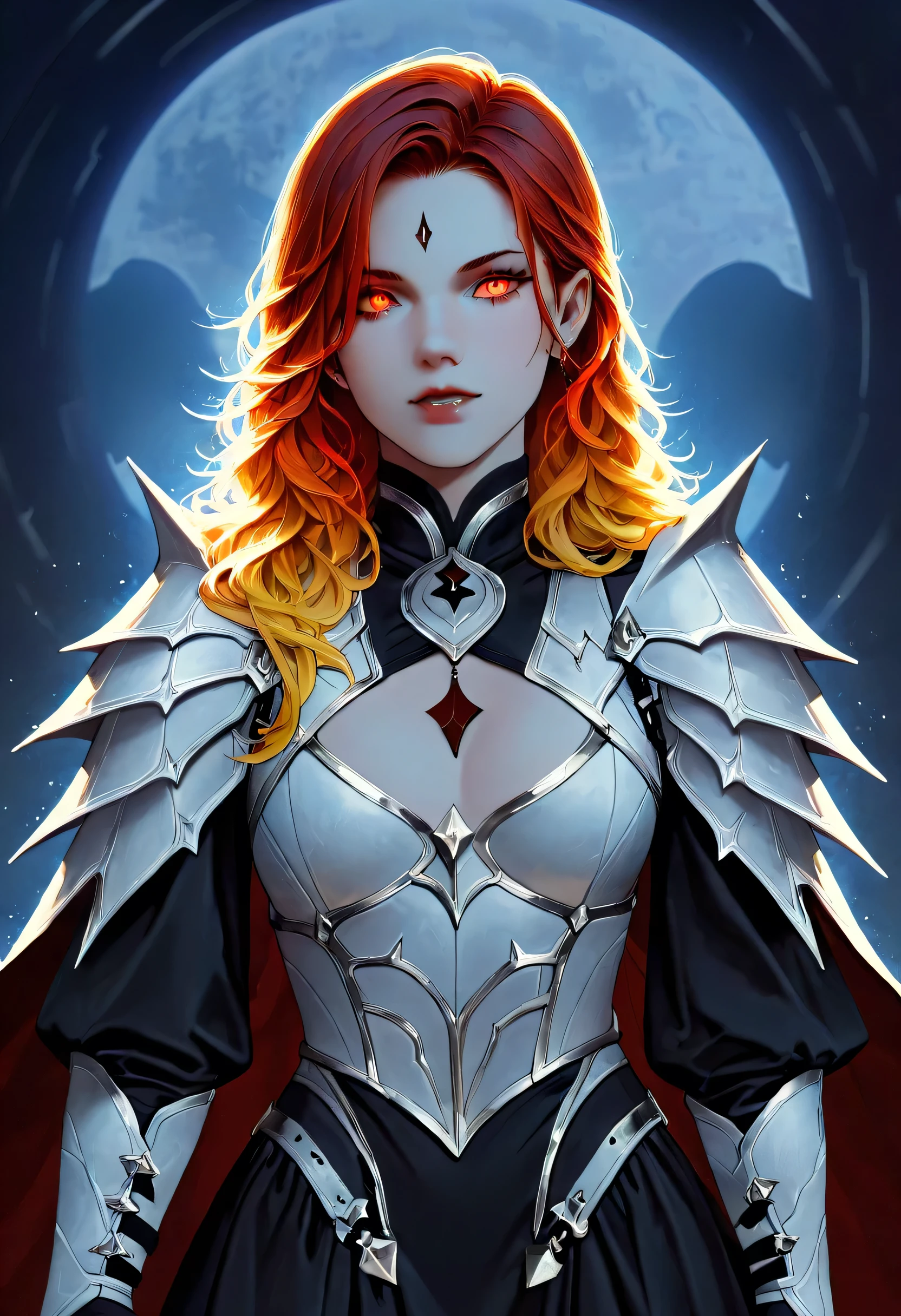 dark fantasy art, a picture of a fantasy, beautiful female vampire, best detailed face,  pale skin, (blond: 1.2) hair, glowing eyes, red eyes, wearing black dress, silk dress, intricate dress, hugging a  man, muscular man, best detailed face, wearing white armor, red hair, reflection light, it is night time, the moon is in the sky, a sense of eternal love, soft light. moon rays. high details, best quality, 16k, [ultra detailed], masterpiece, best quality, (extremely detailed), close up, ultra wide shot, photorealistic, RAW, fantasy art, dnd art, fantasy art, realistic art,((best quality)), ((masterpiece)), (detailed), perfect face, fantasy, vampire, fangs