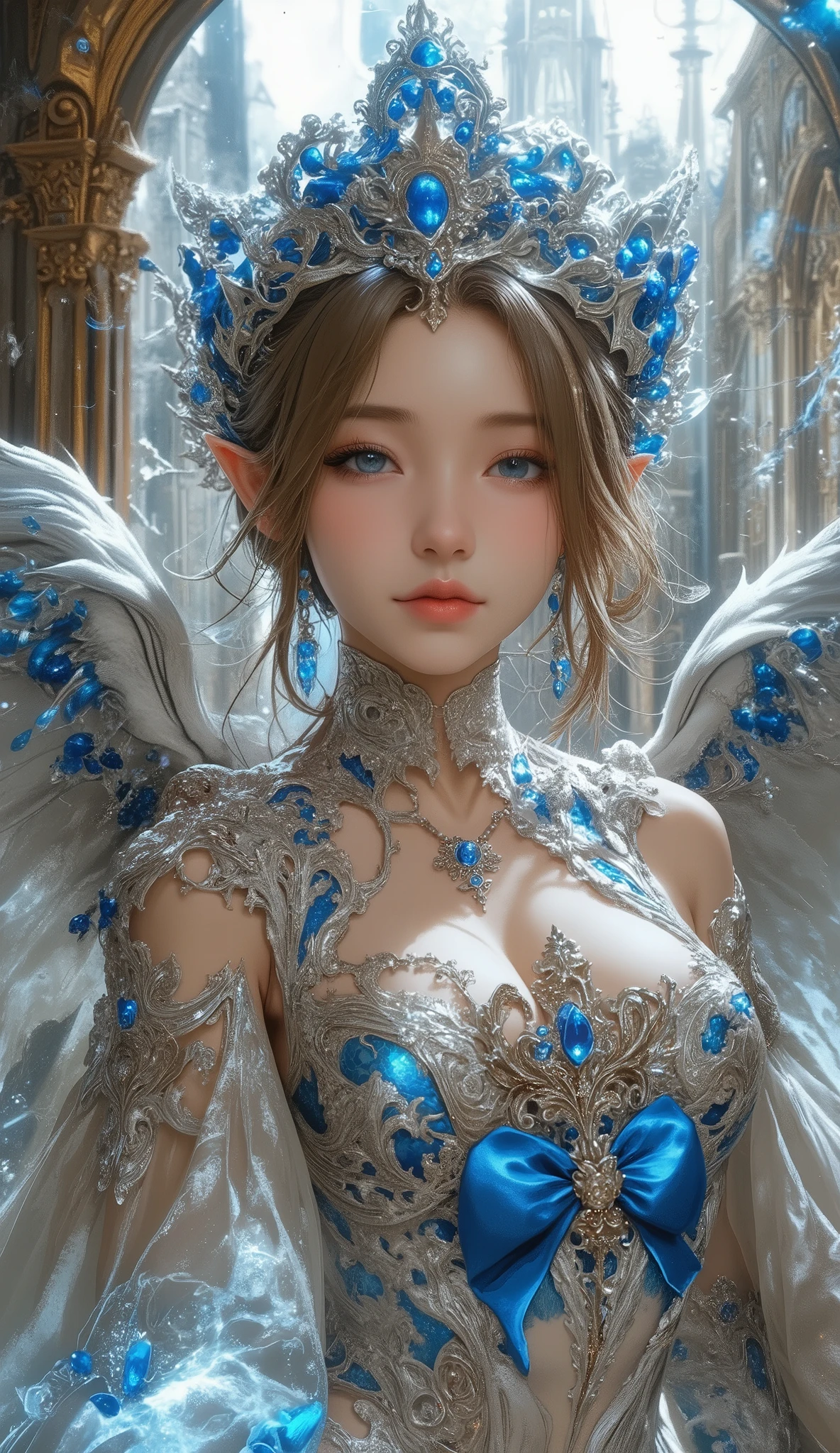 Close-up of a woman in a silver and blue dress, ArtStationの程維潘, Jan J, Detailed Fantasy Art , beautiful character art , In the form of、 Fan Art Best Art Station , Spectacular Exquisite Character Art , Beautiful Armor, a very detailed term, detailed digital anime art, artterm on artterm on artterm on artterm on artterm on artterm on artterm on artterm on artterm on artterm on artterm( art station pixiv , Girl in Armor