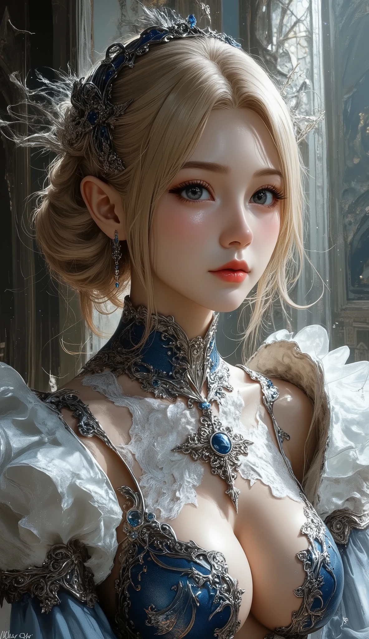 Close-up of a woman in a silver and blue dress, ArtStationの程維潘, Jan J, Detailed Fantasy Art , beautiful character art , In the form of、 Fan Art Best Art Station , Spectacular Exquisite Character Art , Beautiful Armor, a very detailed term, detailed digital anime art, artterm on artterm on artterm on artterm on artterm on artterm on artterm on artterm on artterm on artterm on artterm( art station pixiv , Girl in Armor
