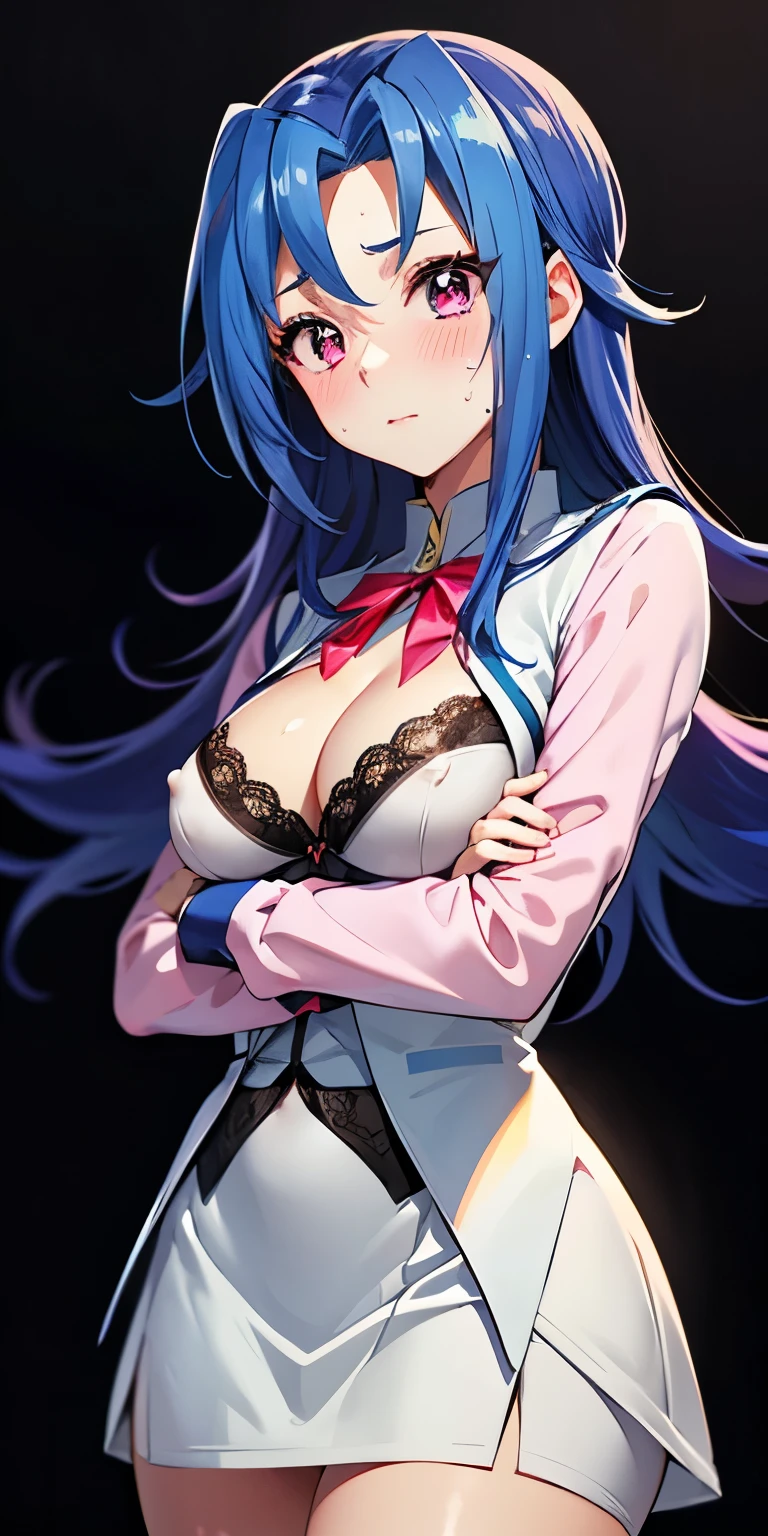 1 Female,High definition,high resolution,Ultra-realistic,8K, kr1, multicolored hair, dyed bangs, long sleeves, bow, pink dress, white vest, white skirt,European,sexy,Upper body close-up,Photographed from the front,Dynamic Angles,private teacher,blush, big tits, (nipples) ,show tits,4k, high resolution, detailed face,((upper body))