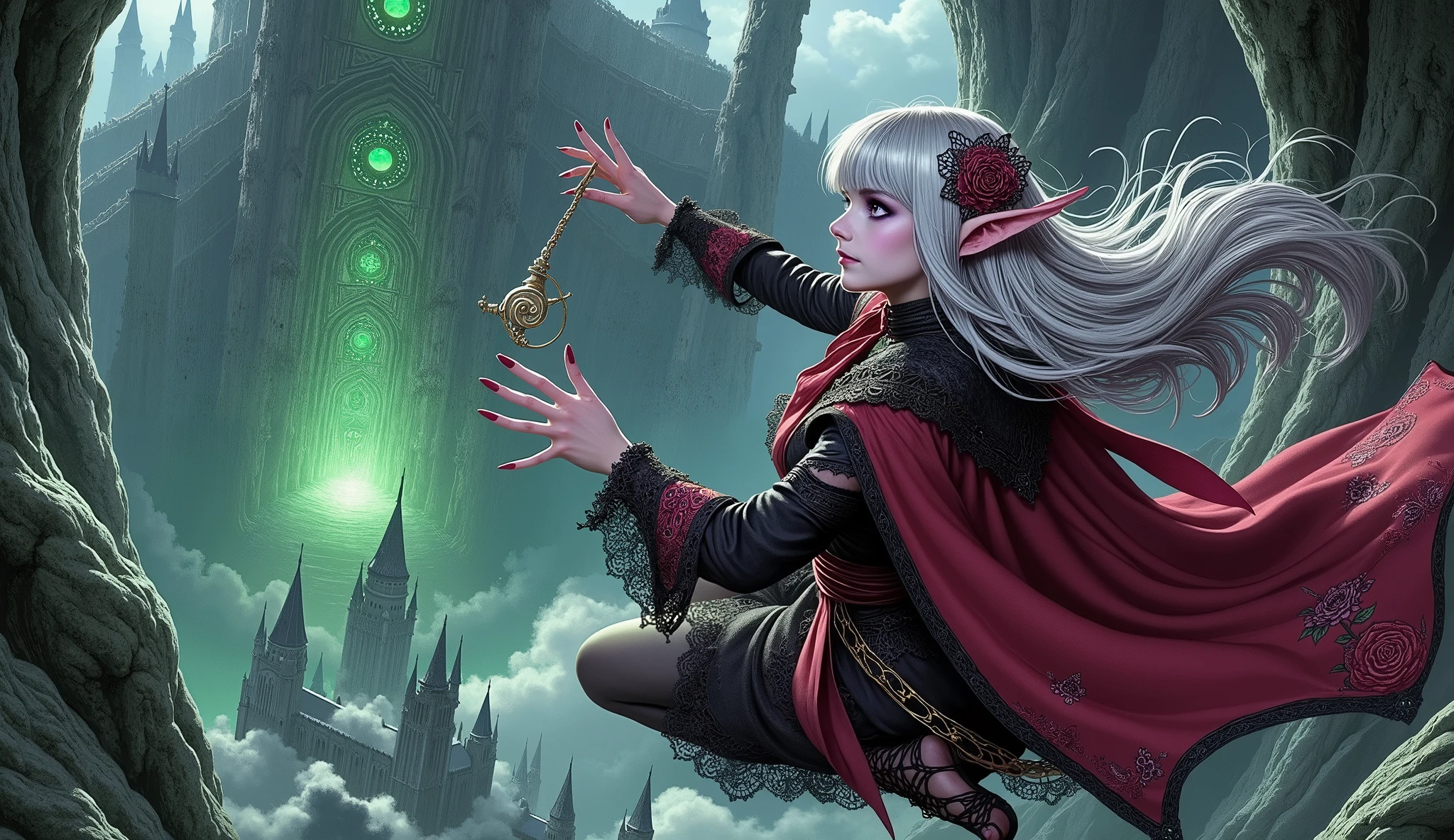 (Ultra-detailed face, Looking away, Gothic Illustration, Dark tone colors. She has five fingers on her hands and five toes on her feet.), BREAK (Composition looking down on the ground from above, the underworld, caves, limestone caverns, hidden worlds, medieval Eastern Europe, old and huge underground cities in Gothic style, jet-black spaces, spires, tall clock towers, filled with black gas and miasma, lands inhabited by demons, vast underground kingdoms, appear to float like a hologram.), BREAK (A young dark elf wizard floats with her back to the massive underground kingdom near the ceiling of the cavern, looking down on the gloomy subterranean city. She holds a gyroscope in her hand that glows green with bold poses and large movements.), BREAK (She has white hair, white eyebrows, blunt bangs, long wavy hair down to her feet, small pink lips, lavender eyes, dark purple skin, and thick eyeliner. Her hair flutters in the strong wind blowing up from below.), BREAK (She wears a crimson ribbon tie and a crimson cape dress with black lace ruffles and gold thread embroidered roses. She wears crimson laced sandals.)