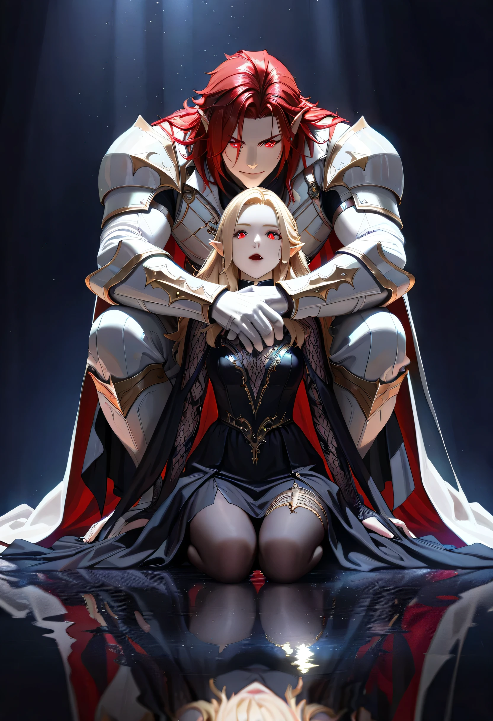 dark fantasy art, a picture of a fantasy, beautiful female vampire, best detailed face,  pale skin, blond hair, glowing eyes, red eyes, wearing black dress, silk dress, intricate dress, hugging a  man, muscular man, best detailed face, wearing white armor, red hair, reflection light, it is night time, the moon is in the sky, a sense of eternal love, soft light. moon rays. high details, best quality, 16k, [ultra detailed], masterpiece, best quality, (extremely detailed), close up, ultra wide shot, photorealistic, RAW, fantasy art, dnd art, fantasy art, realistic art,((best quality)), ((masterpiece)), (detailed), perfect face, vampire, Cinematic Shot