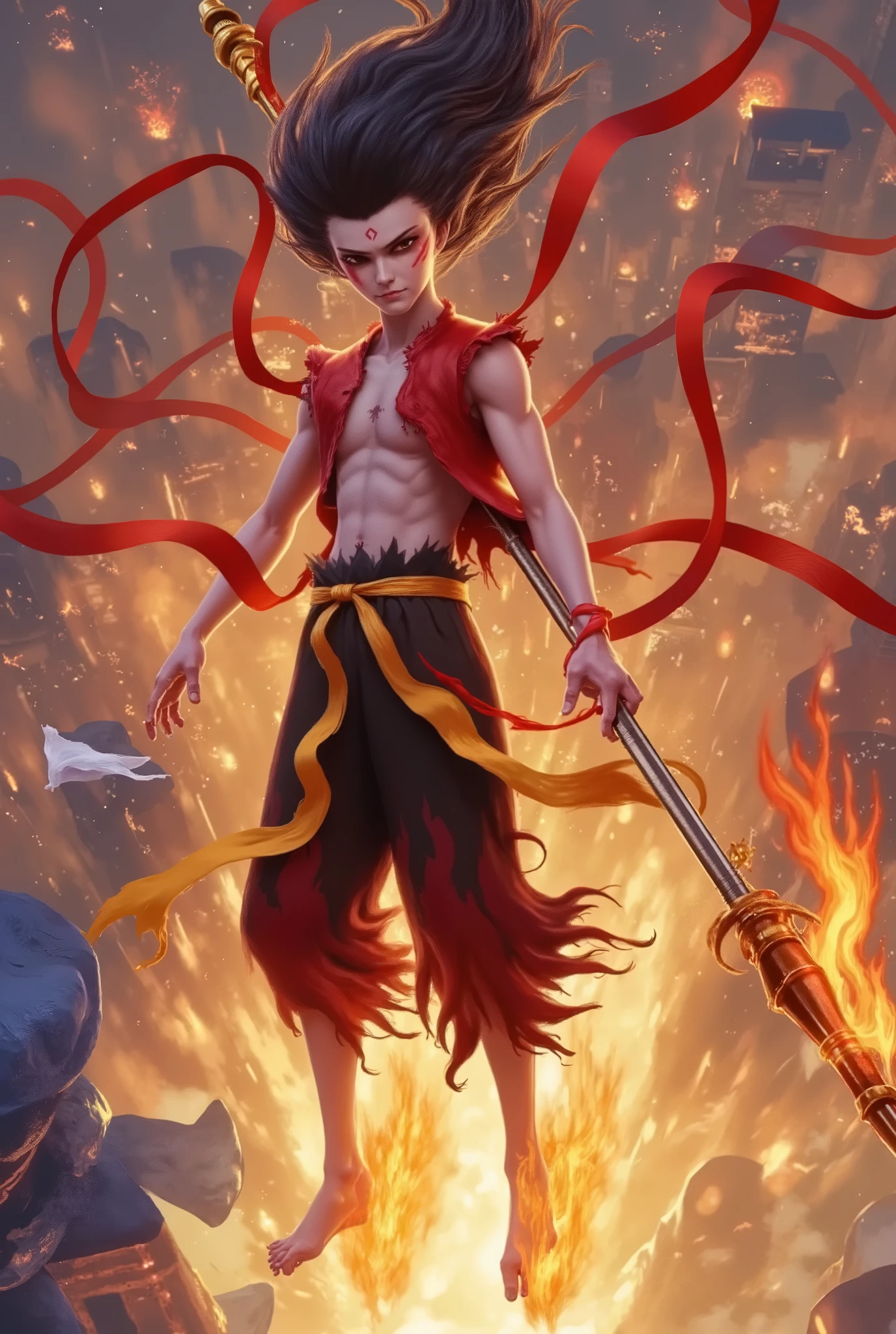 A dynamic scene depicting a fusion of two iconic characters: Nezha, the mythical Chinese hero, wearing a modern Spider-Man suit. His attire is a sleek, red and blue Spidey costume, complete with web patterns across the chest and arms, and the signature spider emblem glowing brightly on his back. His face is adorned with Nezha’s characteristic three eyes and a confident, fearless expression. In one hand, he wields a traditional weapon—his fire-tipped spear—but with a twist: the spear now has webbing wrapped around it, combining ancient power with modern tech. The background shows a bustling cityscape with skyscrapers and neon lights, adding a touch of urban energy to the ancient warrior’s presence. Nezha, leaping from one tall building to another, swings through the air with his webs, effortlessly blending his mythical origins with the superhero flair. The image captures his agile and heroic stance, creating an exciting fusion of mythological strength and modern superhero aesthetics. The colors are vibrant, with an energetic blend of reds, blues, and fiery oranges, giving the composition a sense of speed and action.