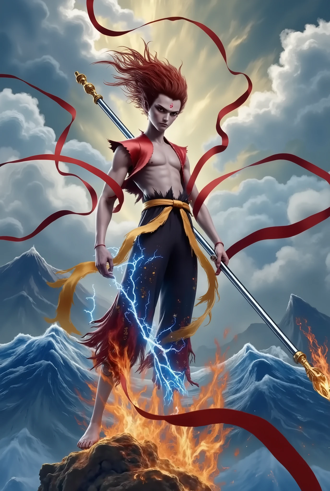 A dynamic scene of Nezha, the mythical Chinese hero, clad in a sleek, futuristic Iron Man-style armor. His traditional fiery red hair contrasts with the metallic sheen of the high-tech suit, which is a fusion of ancient Chinese design and advanced sci-fi technology. The armor is intricately detailed, with glowing runes embedded on the chest plate, combining traditional Chinese motifs with the sharp lines of modern tech. Nezha stands boldly atop a stormy mountain peak, his posture exuding strength and determination. The storm clouds swirl around him, lit by electric blue lightning that reflects off the polished armor. In the background, the silhouette of a distant, ancient temple is barely visible, hinting at his mythological origins. The lighting highlights Nezha's fierce expression, with an aura of energy radiating from his form. The composition emphasizes his commanding presence, with dramatic contrast between the stormy skies and the bright glow of his armor.