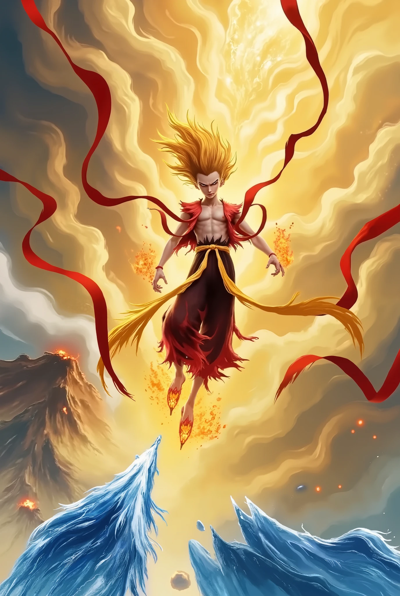 A dynamic and powerful scene showcasing Nezha transformed into a Dragon Ball fighter. Nezha is now wearing a high-tech, armor-like suit inspired by the Dragon Ball universe, complete with a glowing aura that radiates intense energy. His hair is styled in a spiky, Super Saiyan-like manner, glowing with golden light, and his eyes are fierce with determination. In the background, swirling clouds of energy surround him as he charges into battle. The scene is set on a rocky, dramatic landscape with mountains in the distance, crackling with lightning. The colors are vivid, with bold reds, oranges, and electric blues dominating the scene. Nezha’s arms are raised, preparing to launch a powerful energy blast, which illuminates the scene with bright, radiant light. The atmosphere is intense, with the focus on his transformation and the raw power emanating from him, creating a fusion of traditional Chinese mythology and futuristic anime aesthetics. The composition is dramatic, with Nezha placed in the center, surrounded by the chaotic energy of battle.