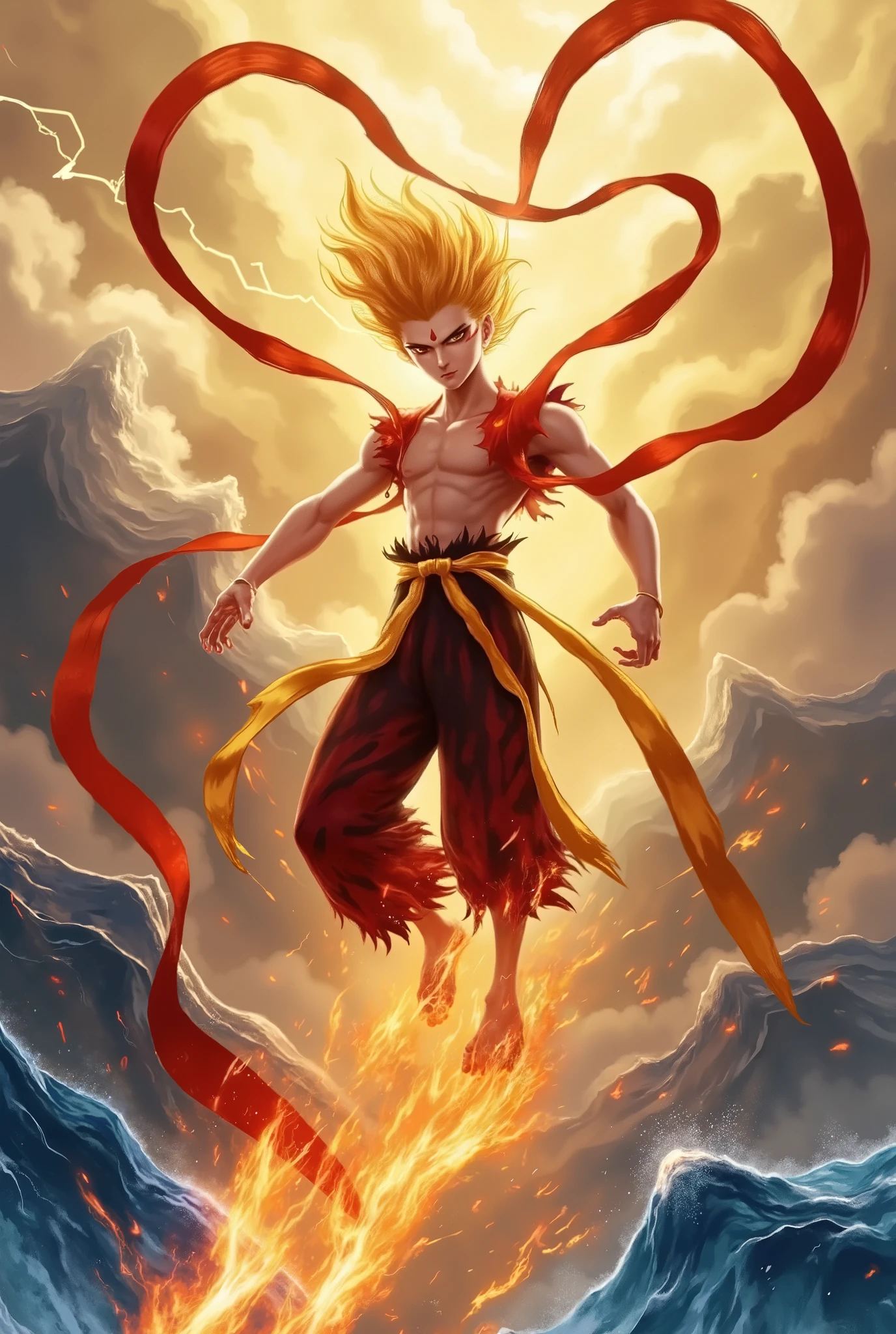 A dynamic and powerful scene showcasing Nezha transformed into a Dragon Ball fighter. Nezha is now wearing a high-tech, armor-like suit inspired by the Dragon Ball universe, complete with a glowing aura that radiates intense energy. His hair is styled in a spiky, Super Saiyan-like manner, glowing with golden light, and his eyes are fierce with determination. In the background, swirling clouds of energy surround him as he charges into battle. The scene is set on a rocky, dramatic landscape with mountains in the distance, crackling with lightning. The colors are vivid, with bold reds, oranges, and electric blues dominating the scene. Nezha’s arms are raised, preparing to launch a powerful energy blast, which illuminates the scene with bright, radiant light. The atmosphere is intense, with the focus on his transformation and the raw power emanating from him, creating a fusion of traditional Chinese mythology and futuristic anime aesthetics. The composition is dramatic, with Nezha placed in the center, surrounded by the chaotic energy of battle.