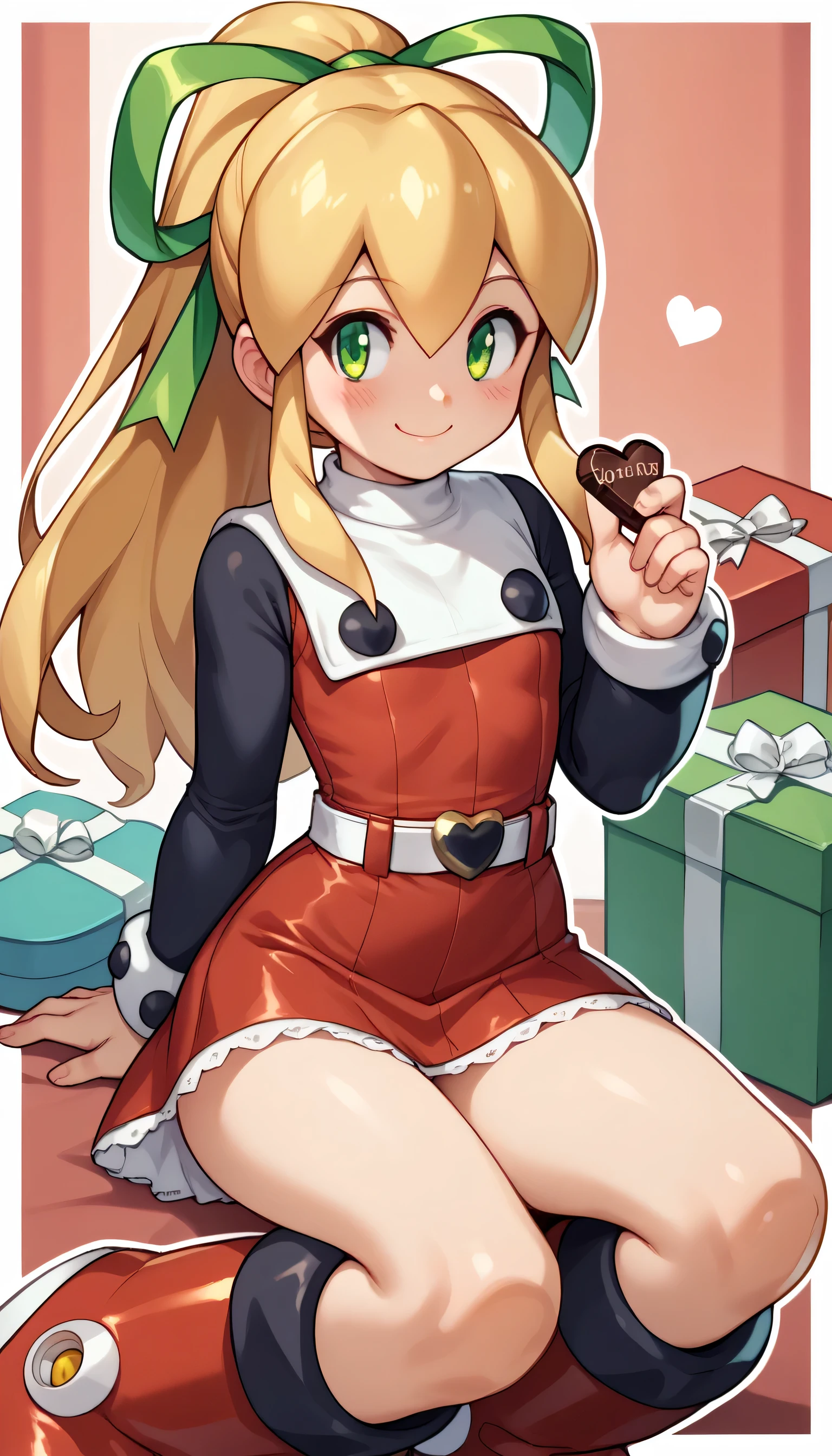smile, valentine, , looking_at_viewer, , breasts, , gift, belt, 1girls, , box, , , chocolate, Roll (Mega man), android, long hair, blush, bangs, blonde hair, long sleeves, green eyes, hair ribbon, ponytail, sidelocks, boots, frills, red skirt, red dress, frilled dress, knee boots, red footwear, outline, green ribbon, undershirt, flat chest,