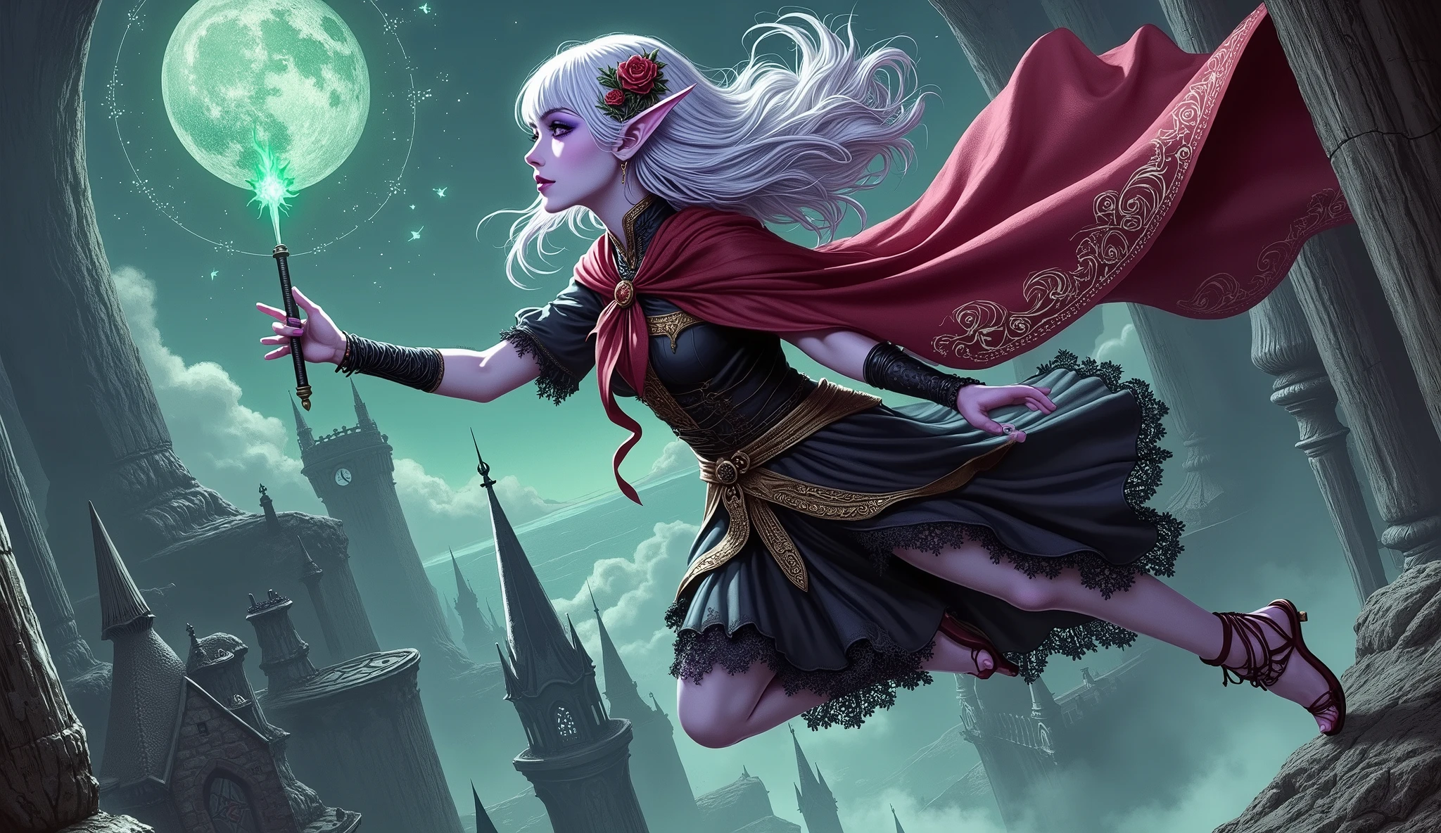 (Ultra-detailed face, Looking away, Gothic Illustration, Dark tone colors. She has five fingers on her hands and five toes on her feet.), BREAK (Composition looking down on the ground from above, the underworld, caves, limestone caverns, hidden worlds, medieval Eastern Europe, old and huge underground cities in Gothic style, jet-black spaces, spires, tall clock towers, filled with black gas and miasma, lands inhabited by demons, vast underground kingdoms, appear to float like a hologram.), BREAK (A young dark elf wizard floats with her back to the massive underground kingdom near the ceiling of the cavern, looking down on the gloomy subterranean city. She holds a gyroscope in her hand that glows green with bold poses and large movements.), BREAK (She has white hair, white eyebrows, blunt bangs, long wavy hair down to her feet, small pink lips, lavender eyes, dark purple skin, and thick eyeliner. Her hair flutters in the strong wind blowing up from below.), BREAK (She wears a crimson ribbon tie and a crimson cape dress with black lace ruffles and gold thread embroidered roses. She wears crimson laced sandals.)