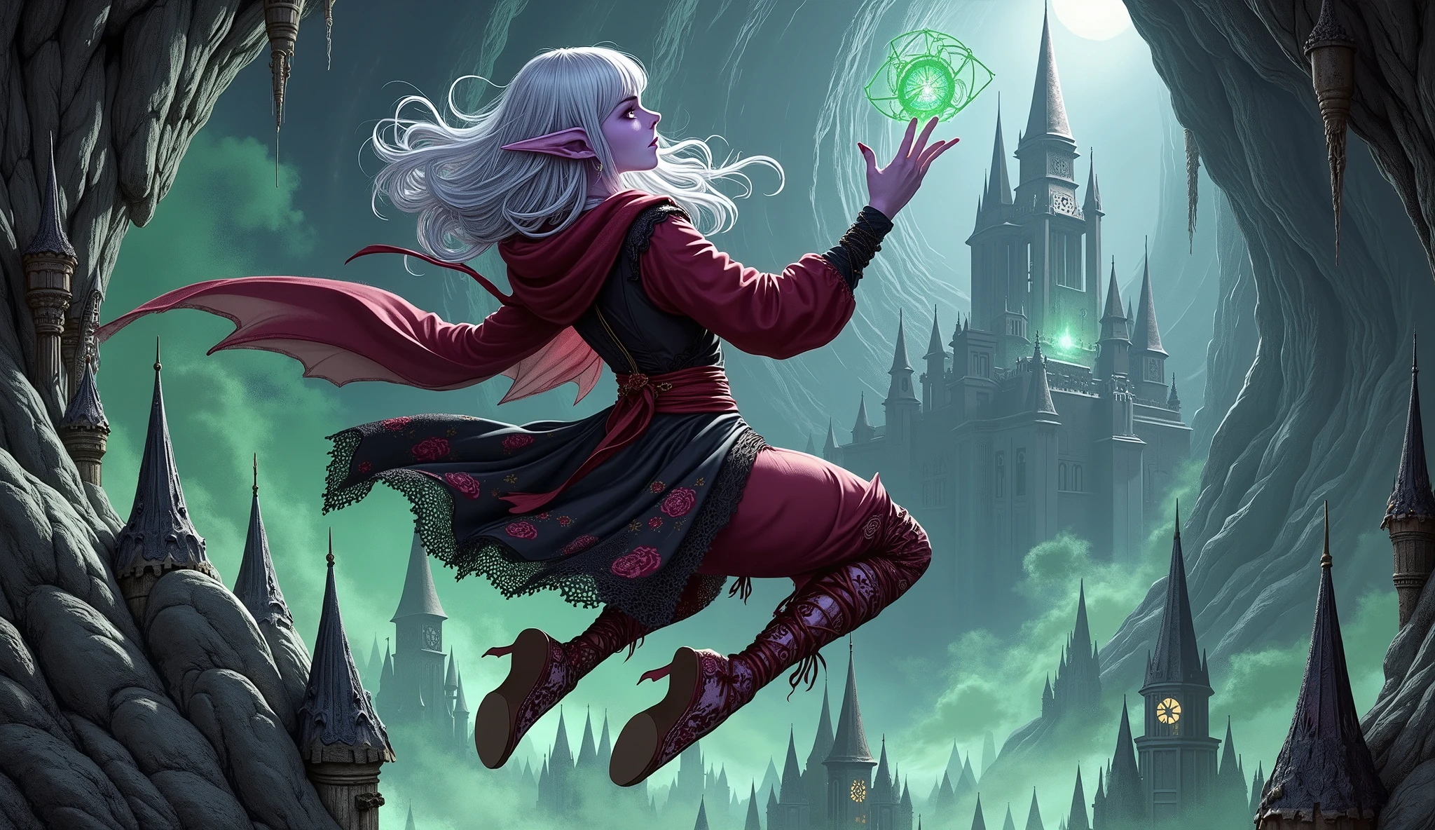 (Ultra-detailed face, Looking away, Gothic Illustration, Dark tone colors. She has five fingers on her hands and five toes on her feet.), BREAK (Composition looking down on the ground from above, the underworld, caves, limestone caverns, hidden worlds, medieval Eastern Europe, old and huge underground cities in Gothic style, jet-black spaces, spires, tall clock towers, filled with black gas and miasma, lands inhabited by demons, vast underground kingdoms, appear to float like a hologram.), BREAK (A young dark elf wizard floats with her back to the massive underground kingdom near the ceiling of the cavern, looking down on the gloomy subterranean city. She holds a gyroscope in her hand that glows green with bold poses and large movements.), BREAK (She has white hair, white eyebrows, blunt bangs, long wavy hair down to her feet, small pink lips, lavender eyes, dark purple skin, and thick eyeliner. Her hair flutters in the strong wind blowing up from below.), BREAK (She wears a crimson ribbon tie and a crimson cape dress with black lace ruffles and gold thread embroidered roses. She wears crimson laced sandals.)