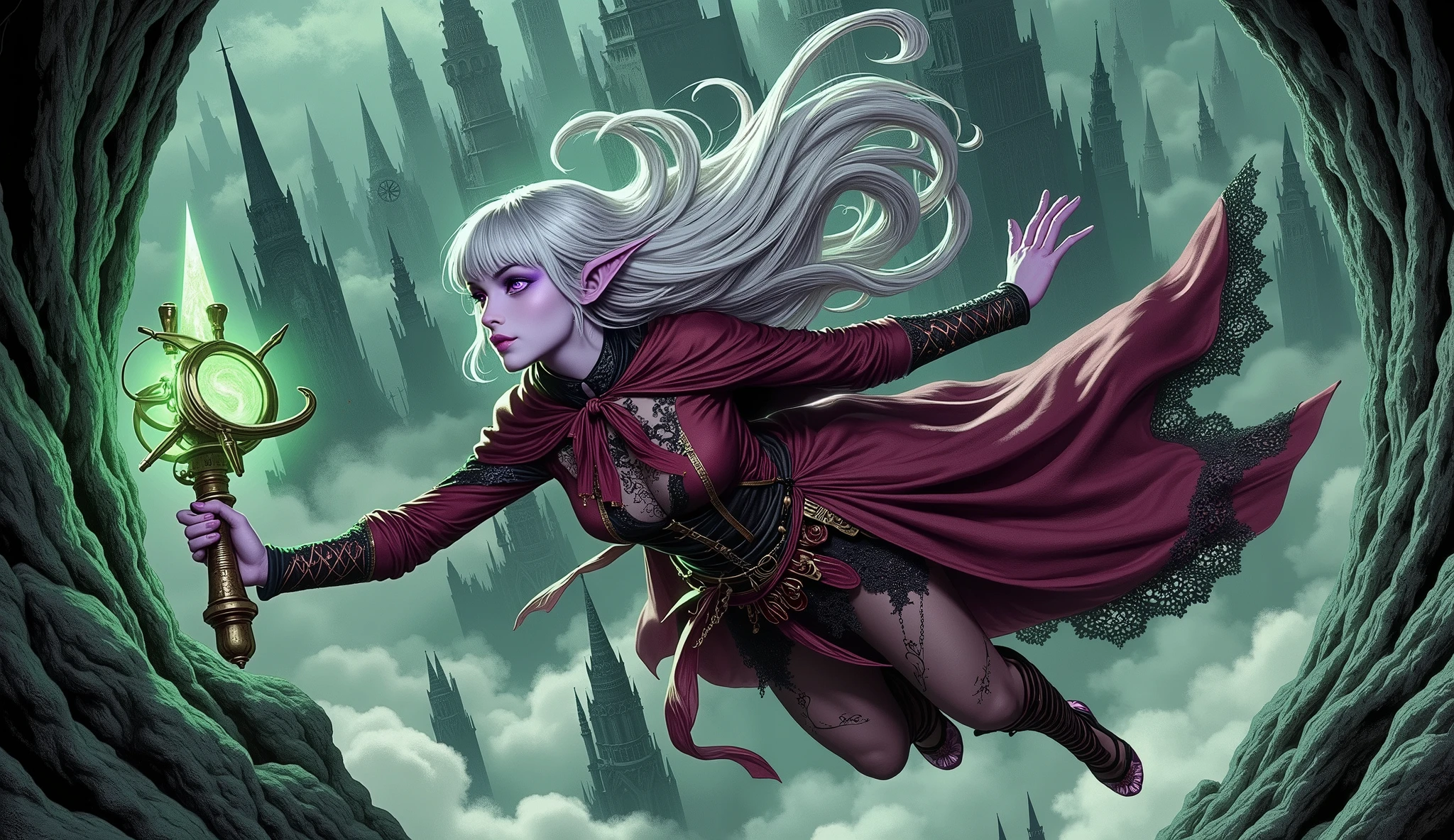 (Ultra-detailed face, Looking away, Gothic Illustration, Dark tone colors. She has five fingers on her hands and five toes on her feet.), BREAK (Composition looking down on the ground from above, the underworld, caves, limestone caverns, hidden worlds, medieval Eastern Europe, old and huge underground cities in Gothic style, jet-black spaces, spires, tall clock towers, filled with black gas and miasma, lands inhabited by demons, vast underground kingdoms, appear to float like a hologram.), BREAK (A young dark elf wizard floats with her back to the massive underground kingdom near the ceiling of the cavern, looking down on the gloomy subterranean city. She holds a gyroscope in her hand that glows green with bold poses and large movements.), BREAK (She has white hair, white eyebrows, blunt bangs, long wavy hair down to her feet, small pink lips, lavender eyes, dark purple skin, and thick eyeliner. Her hair flutters in the strong wind blowing up from below.), BREAK (She wears a crimson ribbon tie and a crimson cape dress with black lace ruffles and gold thread embroidered roses. She wears crimson laced sandals.)