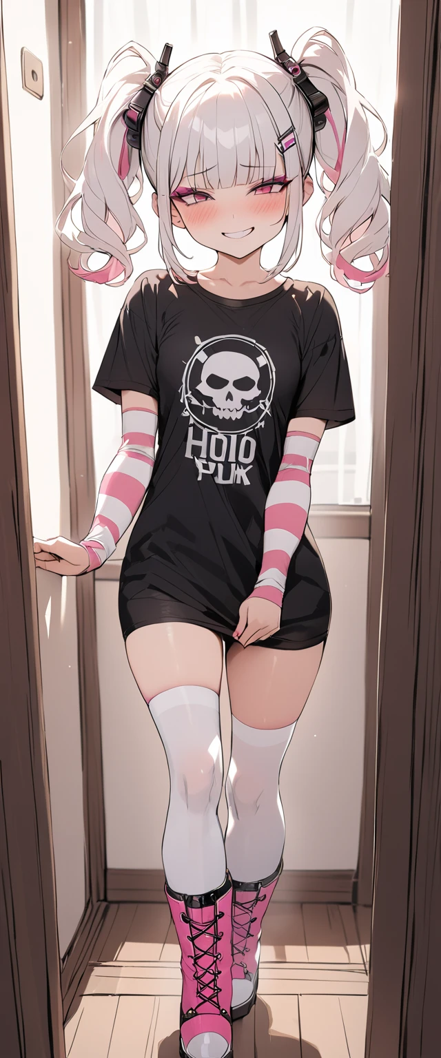 Full body image, front, One girl, 18-year-old, Mix 4, (32K, RAW Photos, Highest quality, masterpiece:1.2), (Anime-like, photoAnime-like:1.37), cute, カジュアルウェア, Short sleeve T-shirt,Shorts,Black knee socks, night, rain, Humidity, Professional Lighting, Photon Mapping, Radio City, Physically Based Rendering, Super Resolution, (Big Breasts:1.2), {{The biological weapon that had preyed on the younger sister took her place and reunited with the older brother, The rebellious little sister has become the obedient little sister}}, Girl Skull, whole body, NSFW