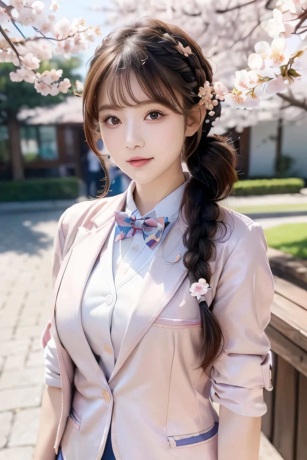 (Cherry blossom trees:1.3),(Cherry blossom petals fluttering all over the sky ),(women's blazer school uniform:1.7),(Graduation Ceremony,celebrate,smile, girl),( floral hair ornament,Floral braided top knot, twist side part ponytail , braided headband with floral decoration , half up、Floral braided space buns, voluminous fishtail braid with intricate details,Twisted bread),(The bangs are left uncut,( Masterpiece, top quality, Ultra High Resolution Output Images ,) ,(8K quality,),( image mode ultra HD ,)