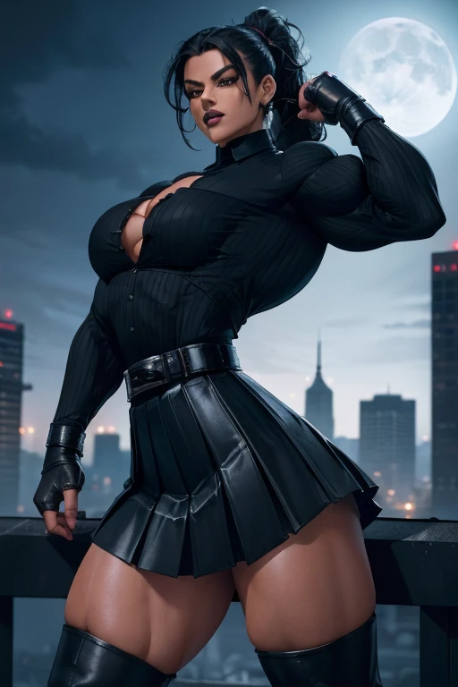 (masterpiece, best quality, ultra detailed, absurdness)1.5, 1girl (sexy, beautiful woman, perfect face, perfect eyes, perfect female body, huge breasts)1.5 (usagi, double bun, twin tails, parted bangs, circlet, jewelry, earrings, choker, red bow, white gloves, elbow gloves, blue skirt, red boots with white trim) (standing on a rooftop, Japanese city in background, night sky, moonlit), perfect lighting, smooth, hud, fionafrostlora (RAW photo, best quality) (realistic, photo-realistic:1.4) black hair