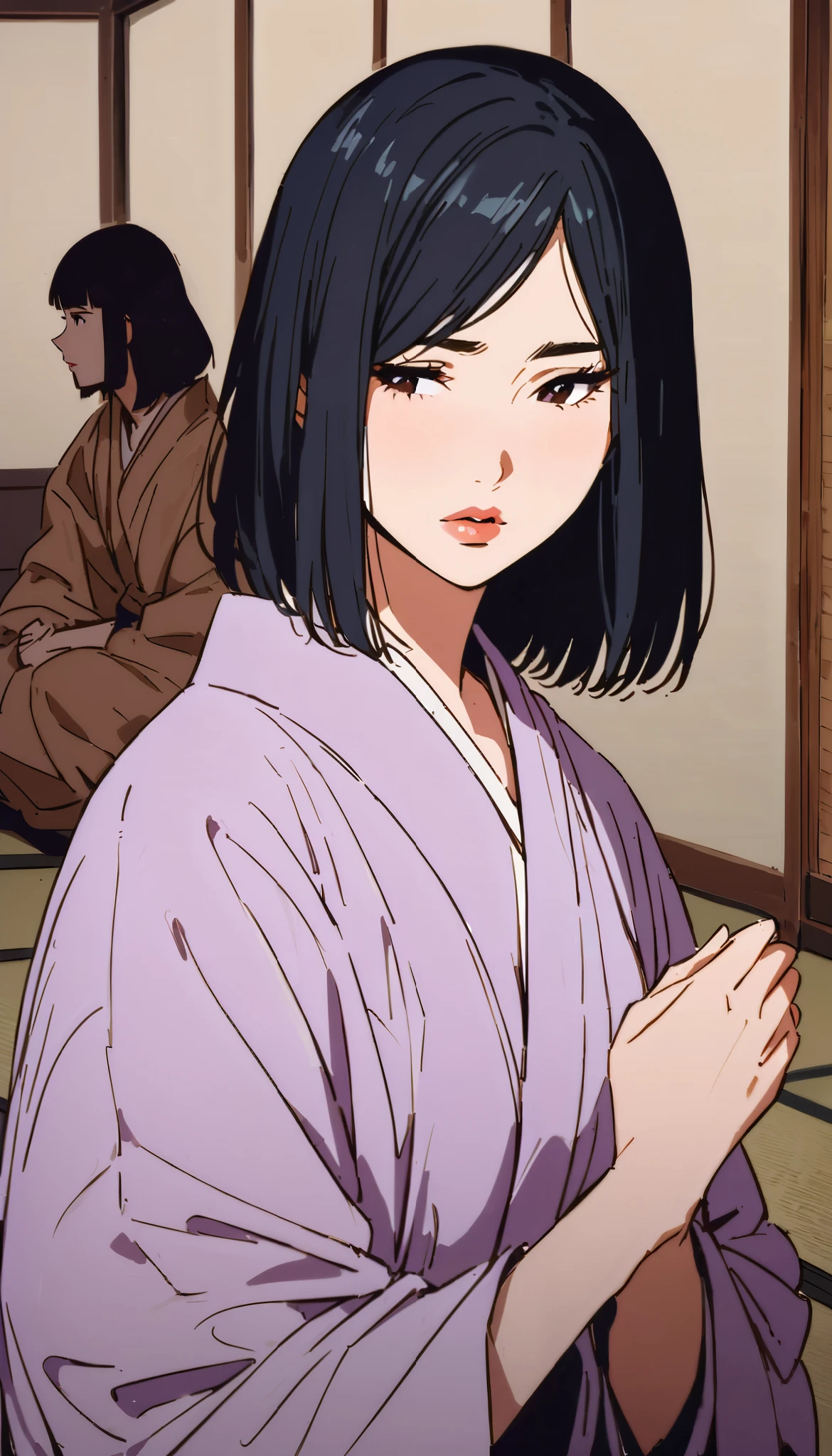 vintage movie, girl, short hair, navy hair, straight hair, woman body, soft lilac kimono, tatami, meditating , hyuga clan, shinobi village, konohagakure, (((perfect lips))), perfect hair, looking down, shy, melancholic, ((young)), ((19 years old)), ((introvert)), ((beautifull)), , hyuga hinata kimono