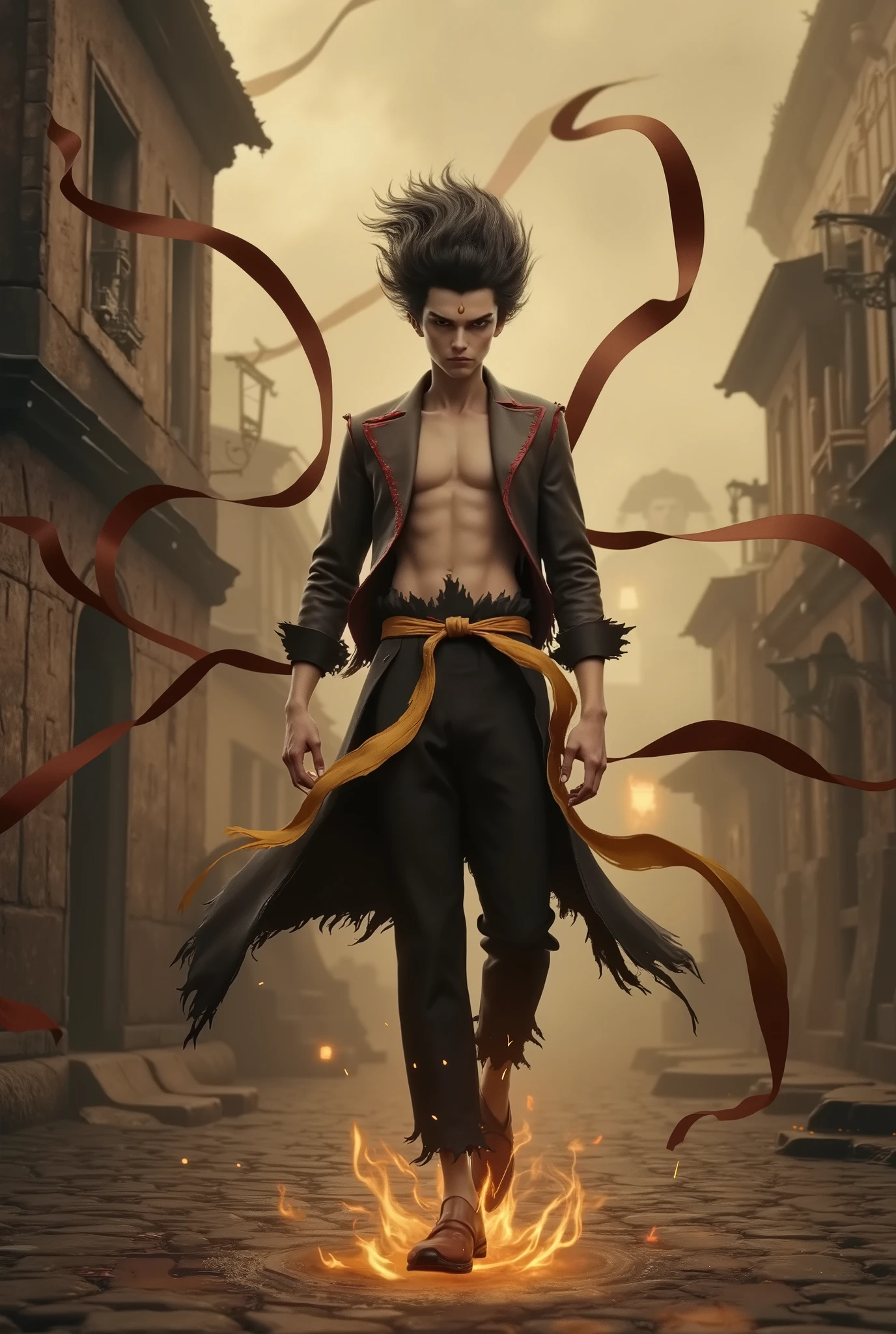 A confident and laid-back Nezha, with his hands casually tucked into his pockets, strolls through a foggy, Victorian-era street inspired by the world of Jack the Ripper. He is dressed in a classic Charlotte Holmes detective outfit: a sharp, dark trench coat with a high collar, a fitted waistcoat underneath, and a checkered scarf draped loosely around his neck. His piercing eyes scan the mysterious surroundings as gas lamps flicker softly, casting an eerie glow on the cobblestone streets. The buildings are old, with intricate, gothic architecture, and a misty atmosphere envelops the scene, giving it a sense of intrigue. A distant figure lurks in the shadows, adding to the tension, while the faint outline of a horse-drawn carriage can be seen in the background. Nezha's iconic ring of fire subtly glows beneath his feet, hinting at his celestial origins, contrasting with the grim and unsettling world he walks through. The composition is balanced, with Nezha taking center stage, yet surrounded by the haunting streets, making him both a part of this mysterious world and apart from it. The lighting emphasizes his figure against the murky background, creating a sense of isolation and cool confidence.