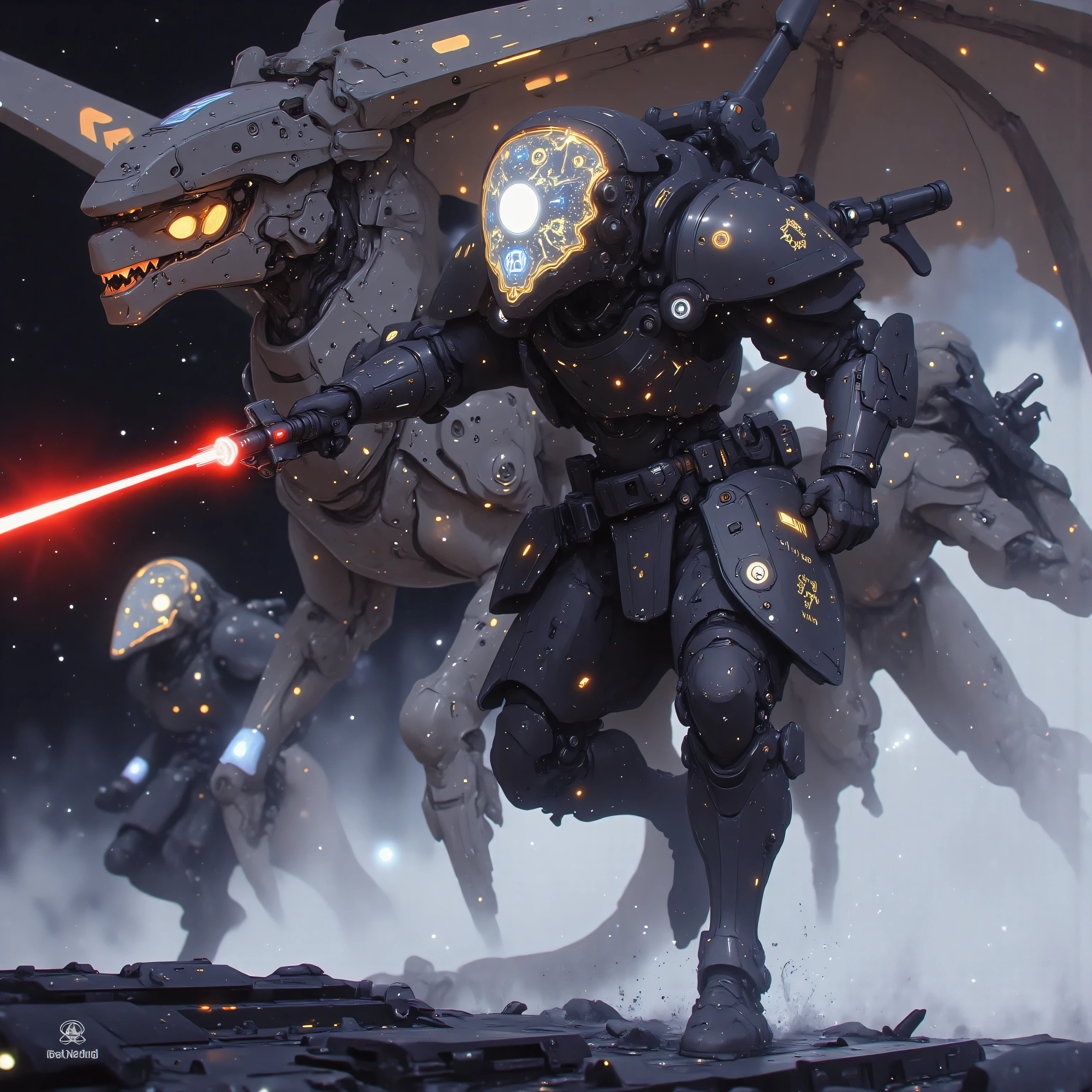 A cybernetic samurai charges across the battleship's quantum-engine array, her space-helm visor blazing with tactical constellations. A fractal-winged mecha ryū erupts from warp-space behind her, its body composed of overlapping energy shields that refract the warship's pulsar cannons. The dragon's articulated mandibles crackle with the same stellar plasma flowing through her augmented arm's conduits, while its tail movements generate gravitational distortions synced to her zero-gravity obi modules. Their combined energy signatures paint nebula patterns across the nano-weave of her meteorite-forged greaves.