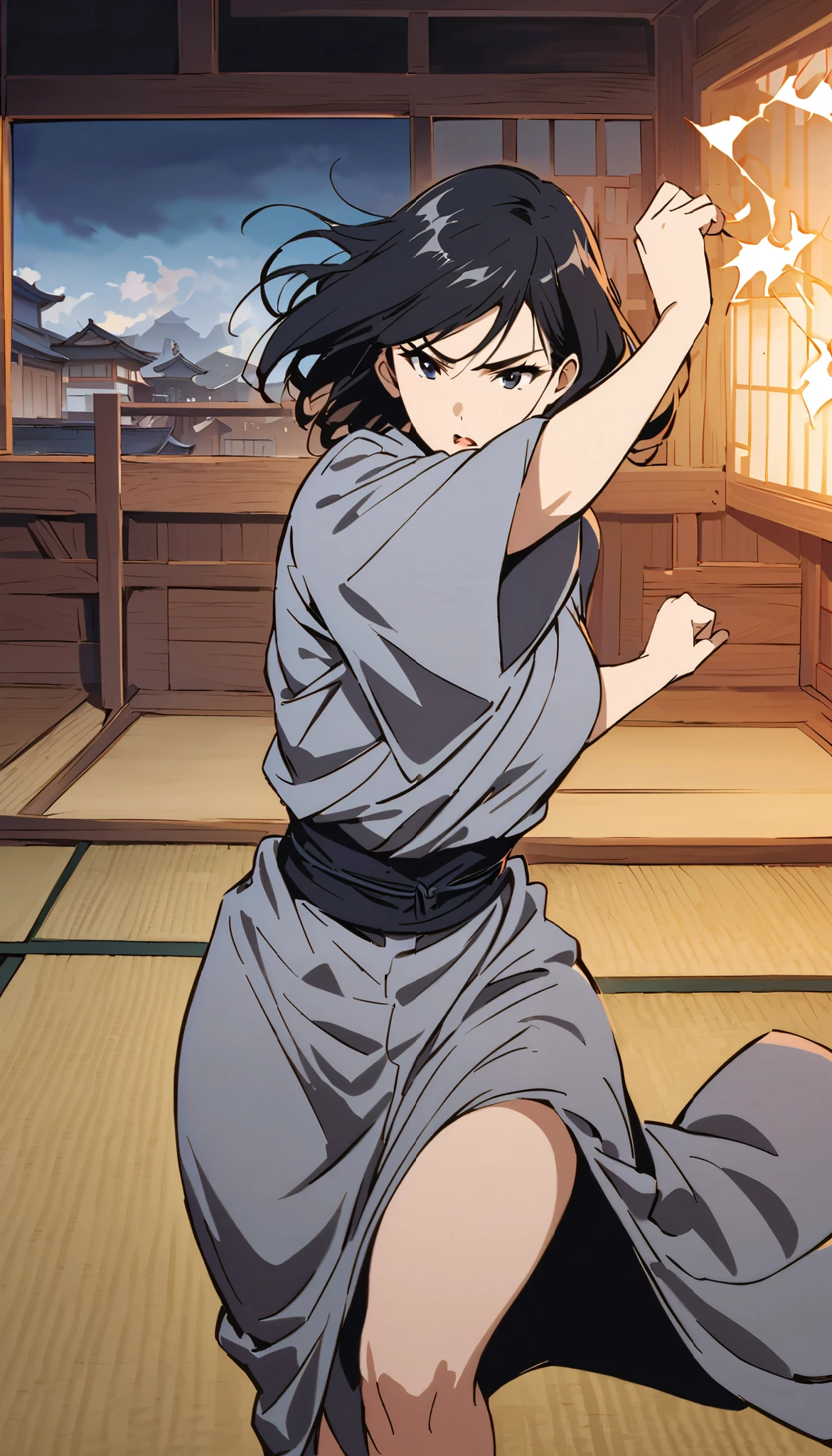 vintage movie, girl, short hair, navy hair, straight hair, woman body, gray kimono, tatami, training, hyuga clan, shinobi village, konohagakure,
fighting stance, {{kaiten pose}}, fighting, kaiten hyuuga, hyuuga clan, ((( byakugan ))), ((izumi solo)), young, it is spinning, and an energy (like wind) surrounds it like a dome