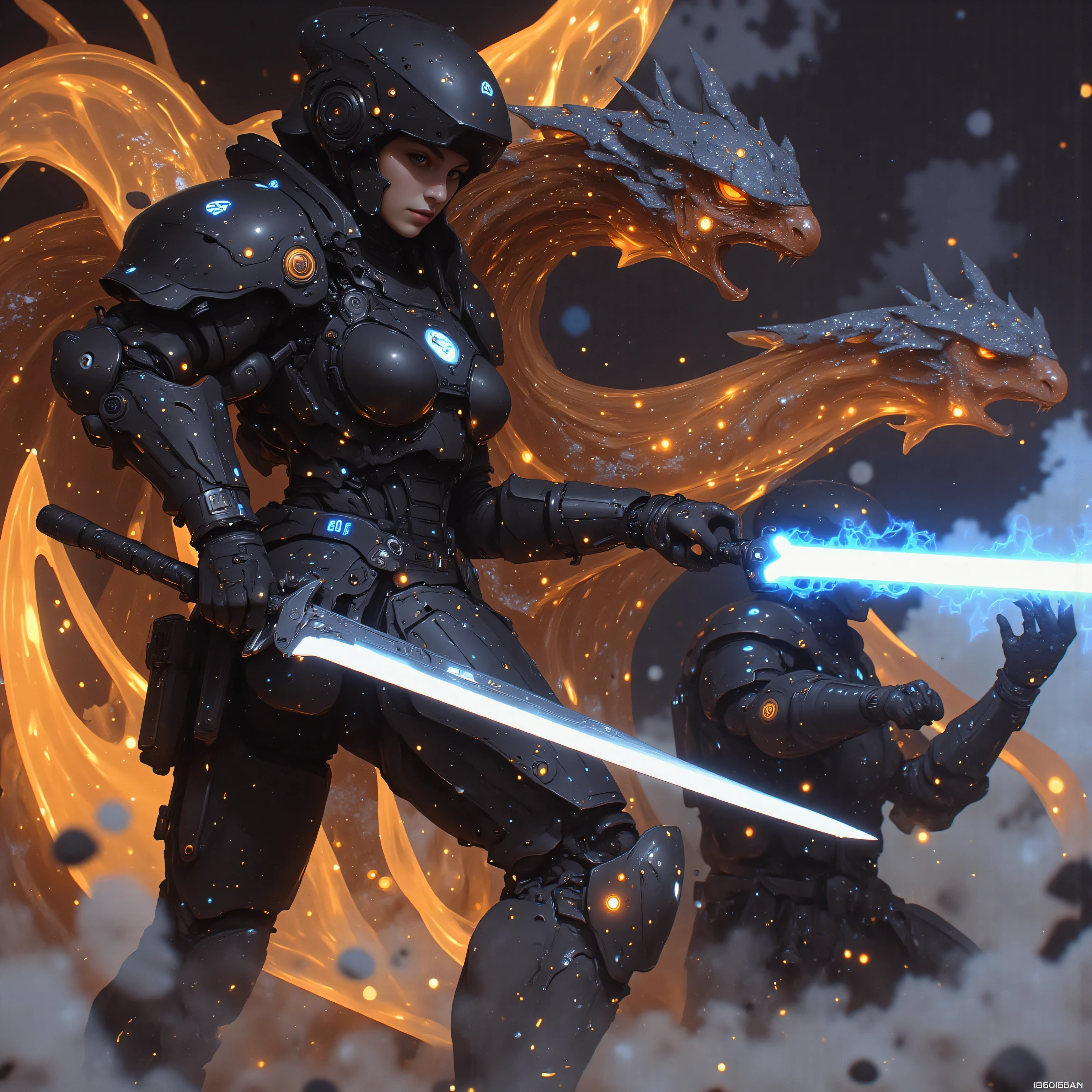 The female samurai leaps between energy conduits on the battleship's exterior hull, her mechanized arm projecting a plasma whip. From the ship's shield matrix emerges a serpentine mecha guardian - its body woven from compressed electromagnetic fields containing superheated stellar matter. The dragon's articulated spinal joints mirror the samurai's armor articulation points, both emitting synchronized energy pulses that disrupt incoming asteroids. As her kunai draws power from the warship's core, the guardian's holographic scales project real-time tactical data onto her visor's nebula display.