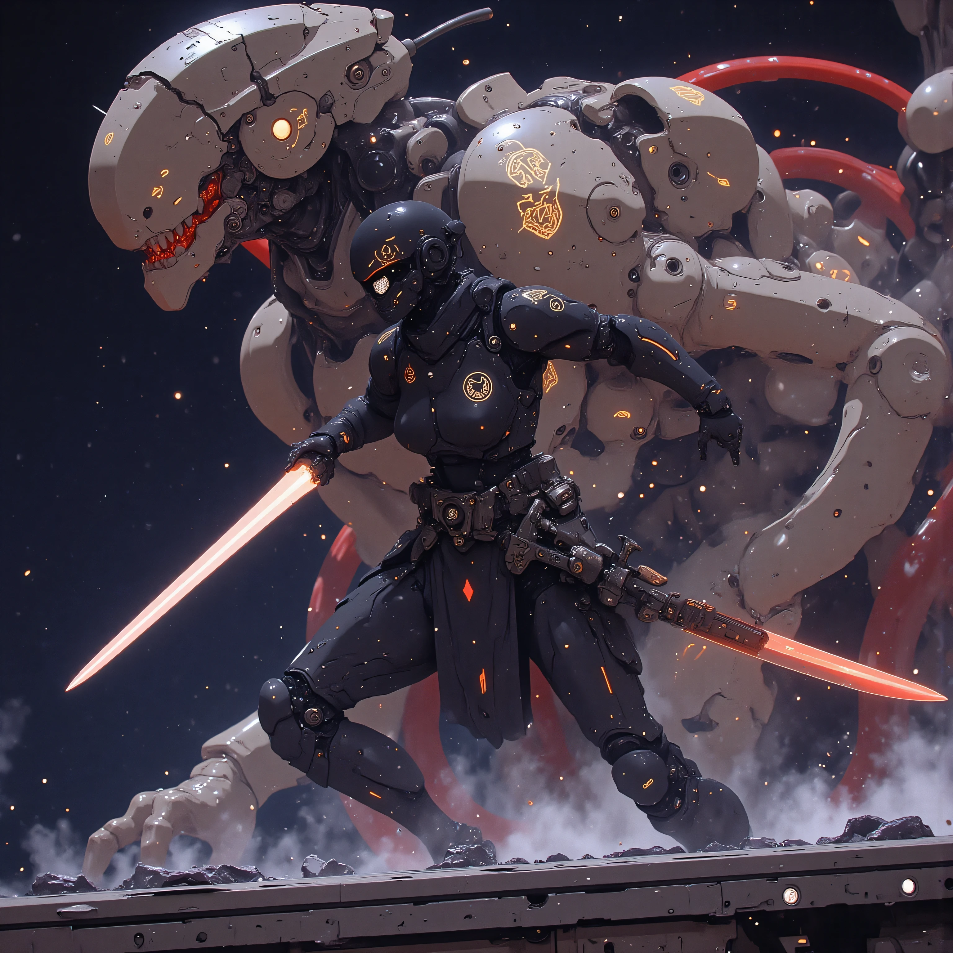 The cybernetic samurai sprints along the warship's photon cannon array, her visor's nebula patterns shifting to combat mode. A mecha ryū guardian materializes from distorted spacetime behind her, its body constructed from overlapping event horizon fragments held in stasis. The dragon's articulated talons emit gravitational waves that synchronize with her zero-gravity belt modules, while its holographic breath interacts with the battleship's shield emitters to create prismatic defense barriers. Stellar energy arcs between her plasma kunai and the guardian's antimatter core, etching fractal patterns into the nano-weave of her meteorite greaves.