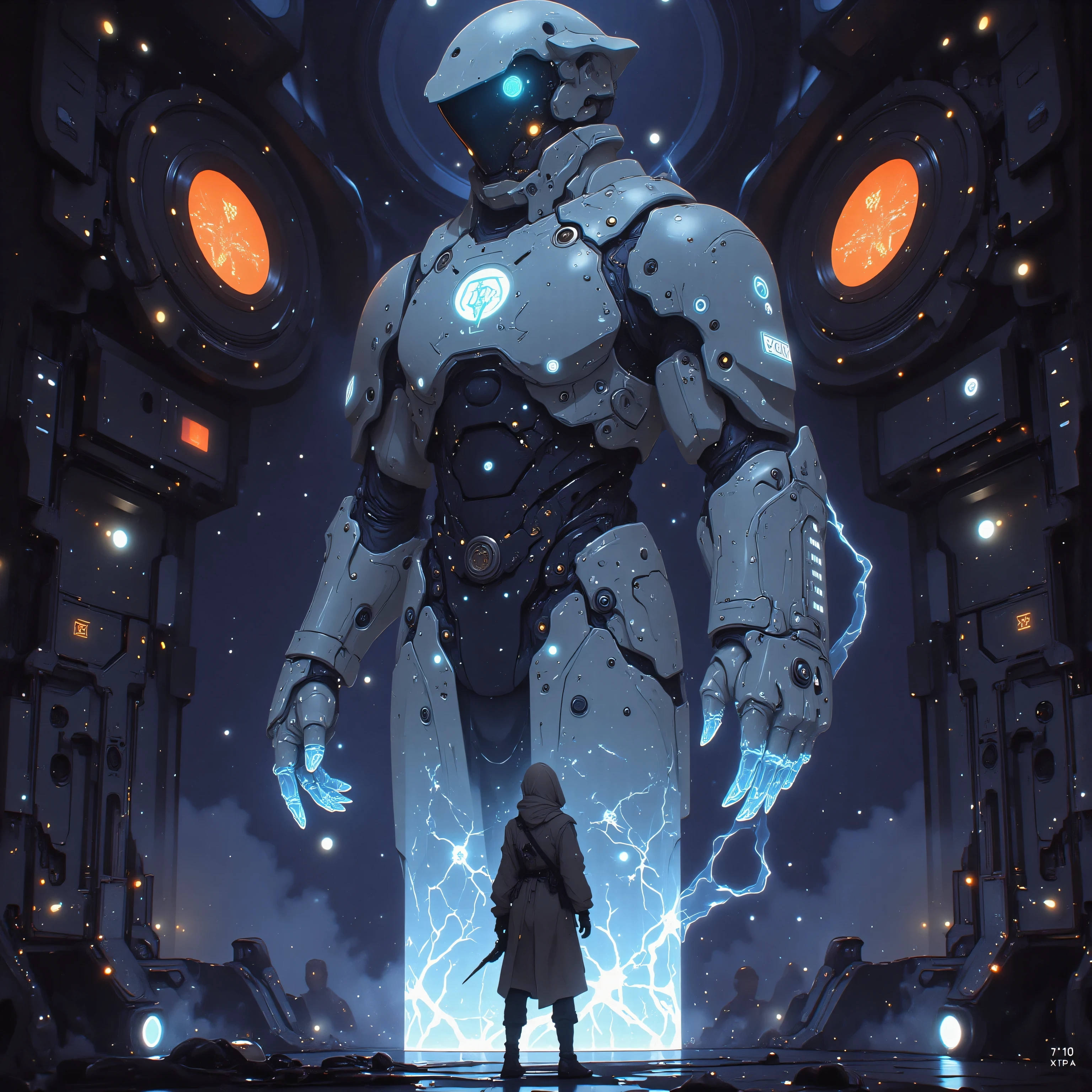 A cosmic warrior stands vigilant on the battleship's glowing observation deck, her space-helm's nebula-reflecting visor scanning tactical horizons. Towering behind her, a semi-transparent mecha ryū guardian shimmers into existence - its serpentine form woven from pulsating energy threads and holographic armor plates that mimic the samurai's own celestial combat systems. The dragon's articulated claws crackle with the same stellar energy that courses through her astro-mechanical limb's plasma conduits, while its segmented tail mirrors the floating interface rings surrounding her augmented joints. As the warship's warp core casts blue holographic patterns across her nano-weave armor, the guardian dragon's prismatic scales simultaneously project defensive energy matrices that intertwine with the zero-gravity stabilization modules in her obi belt.
