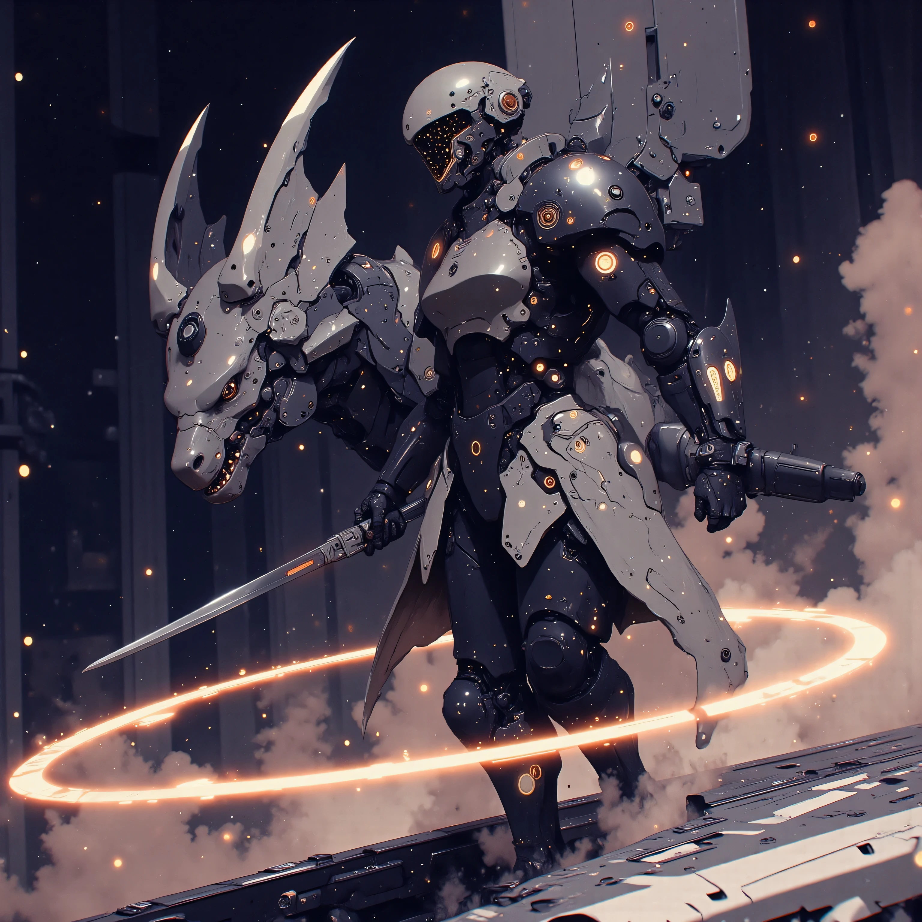 A cybernetic samurai charges across the battleship's quantum-engine array, her space-helm visor blazing with tactical constellations. A fractal-winged mecha ryū erupts from warp-space behind her, its body composed of overlapping energy shields that refract the warship's pulsar cannons. The dragon's articulated mandibles crackle with the same stellar plasma flowing through her augmented arm's conduits, while its tail movements generate gravitational distortions synced to her zero-gravity obi modules. Their combined energy signatures paint nebula patterns across the nano-weave of her meteorite-forged greaves.