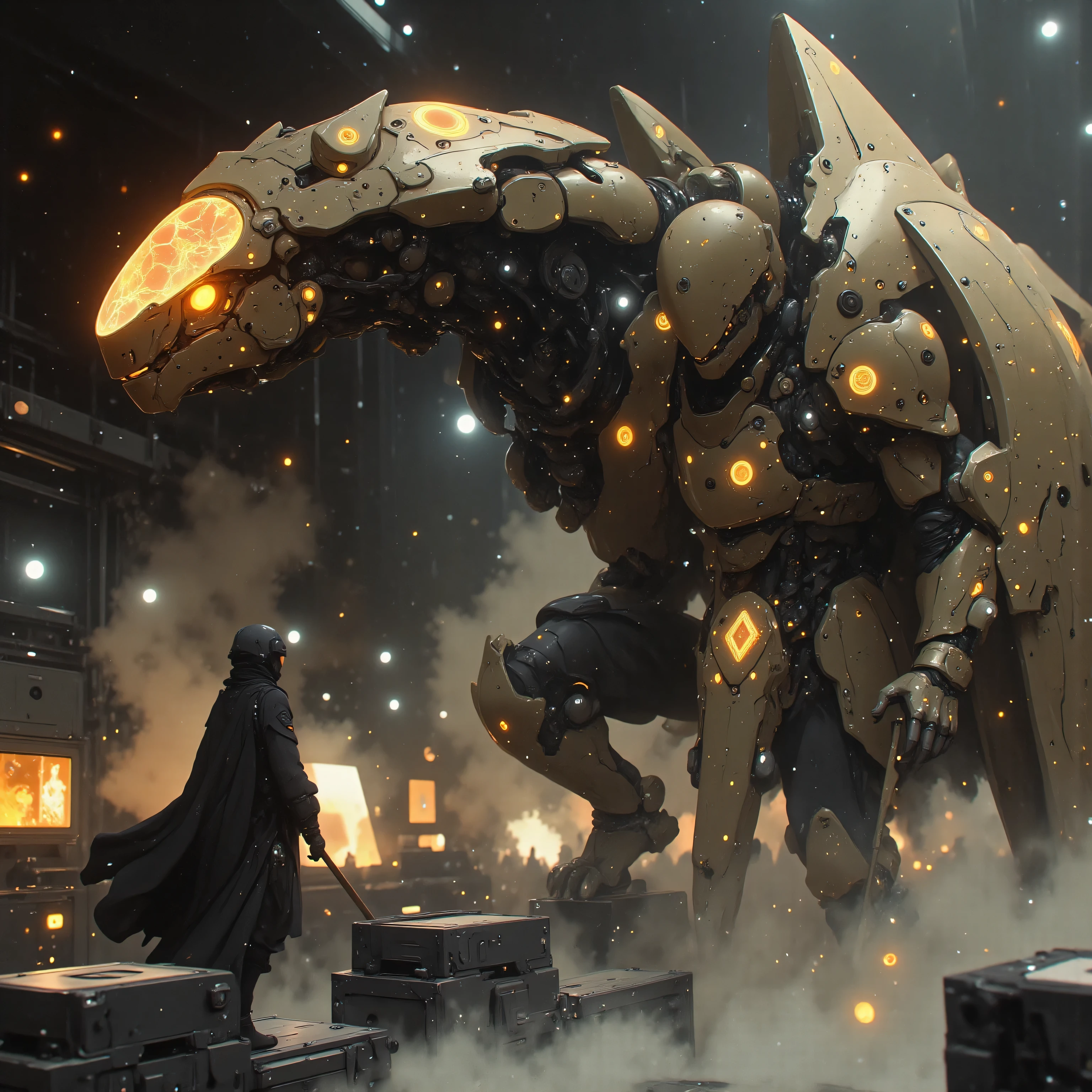 A cybernetic samurai charges across the battleship's quantum-engine array, her space-helm visor blazing with tactical constellations. A fractal-winged mecha ryū erupts from warp-space behind her, its body composed of overlapping energy shields that refract the warship's pulsar cannons. The dragon's articulated mandibles crackle with the same stellar plasma flowing through her augmented arm's conduits, while its tail movements generate gravitational distortions synced to her zero-gravity obi modules. Their combined energy signatures paint nebula patterns across the nano-weave of her meteorite-forged greaves.