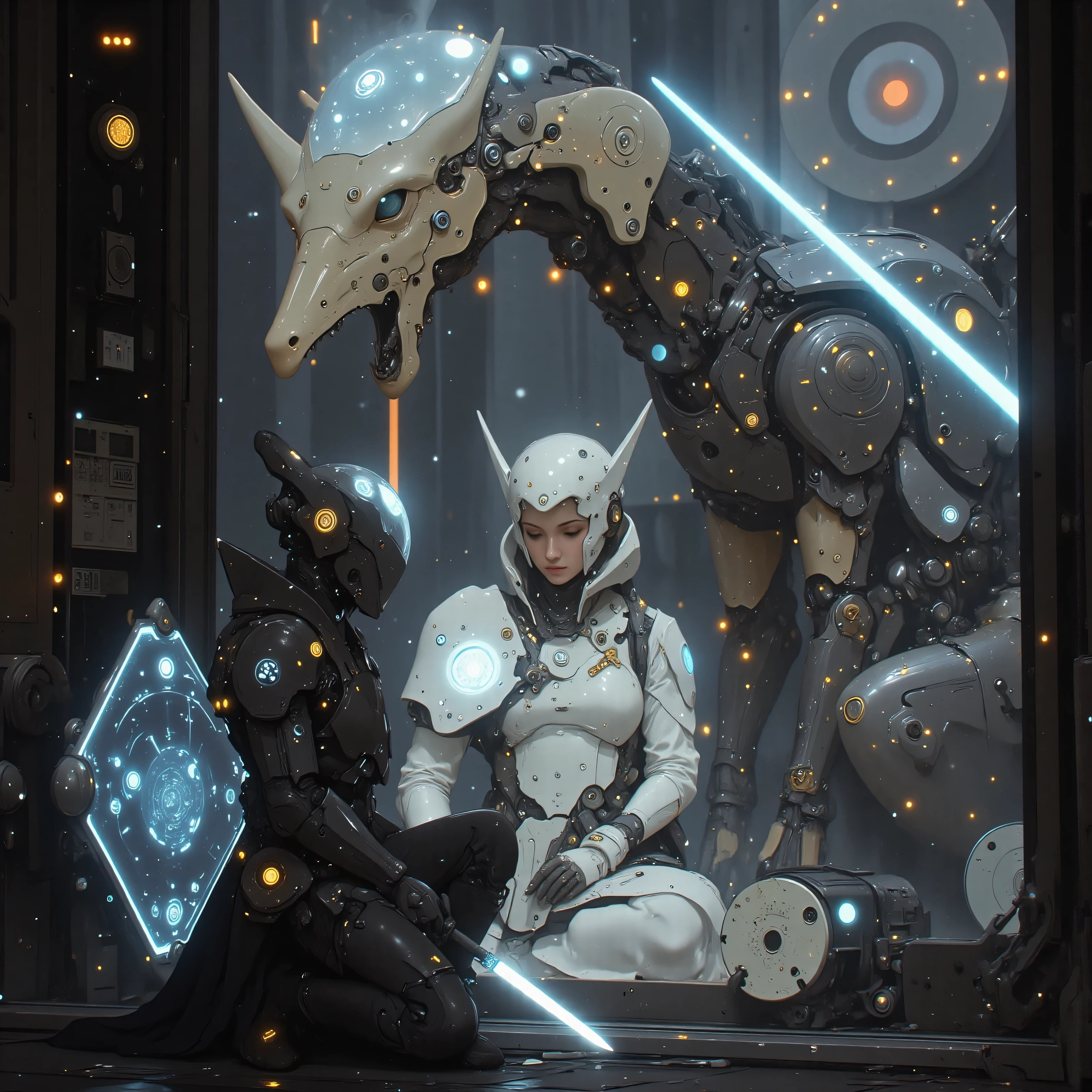The cosmic warrior kneels in meditation beneath the battleship's warp nacelles, her mechanized limb interfacing with navigation systems. A phantom mecha-dragon guardian phases into existence behind her, its translucent form revealing internal clockwork mechanisms powered by miniature neutron stars. Energy tendrils extend from the dragon's articulated spine to connect with the samurai's kabuto helmet, creating a neural link that enhances her tactical awareness. As stellar energy courses through her plasma kunai, the guardian's holographic wings unfold into defensive screens that replicate the constellation patterns glowing in her armor's nano-weave surface.