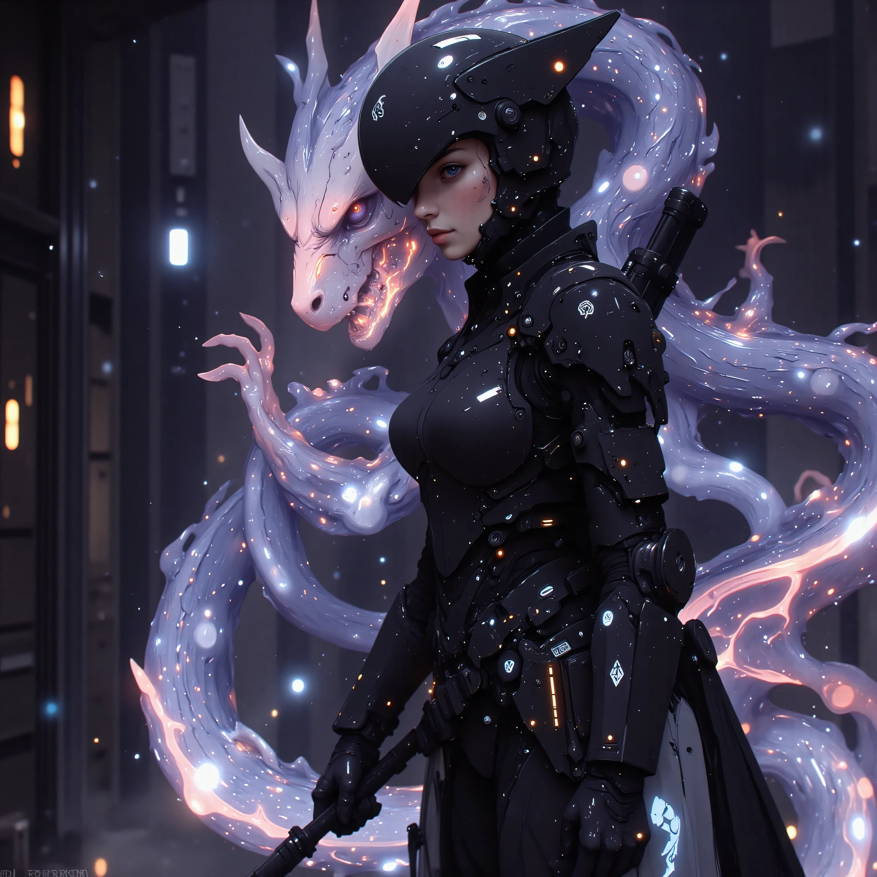 On the pulsating bridge of an interstellar dreadnought, the female samurai's obsidian helm projects tactical holograms across her augmented vision. A serpentine mecha ryū materializes in her wake, its segmented body forged from compressed dark matter and bound by electromagnetic containment fields. The dragon's articulated claws crackle with the same quantum energy flowing through her augmented arm's plasma veins, while its tail movements generate protective energy storms matching the warship's shield frequencies. Their synchronized combat systems manifest in swirling nebula patterns that dance across both the samurai's armor threading and the dragon's holographic scales.
