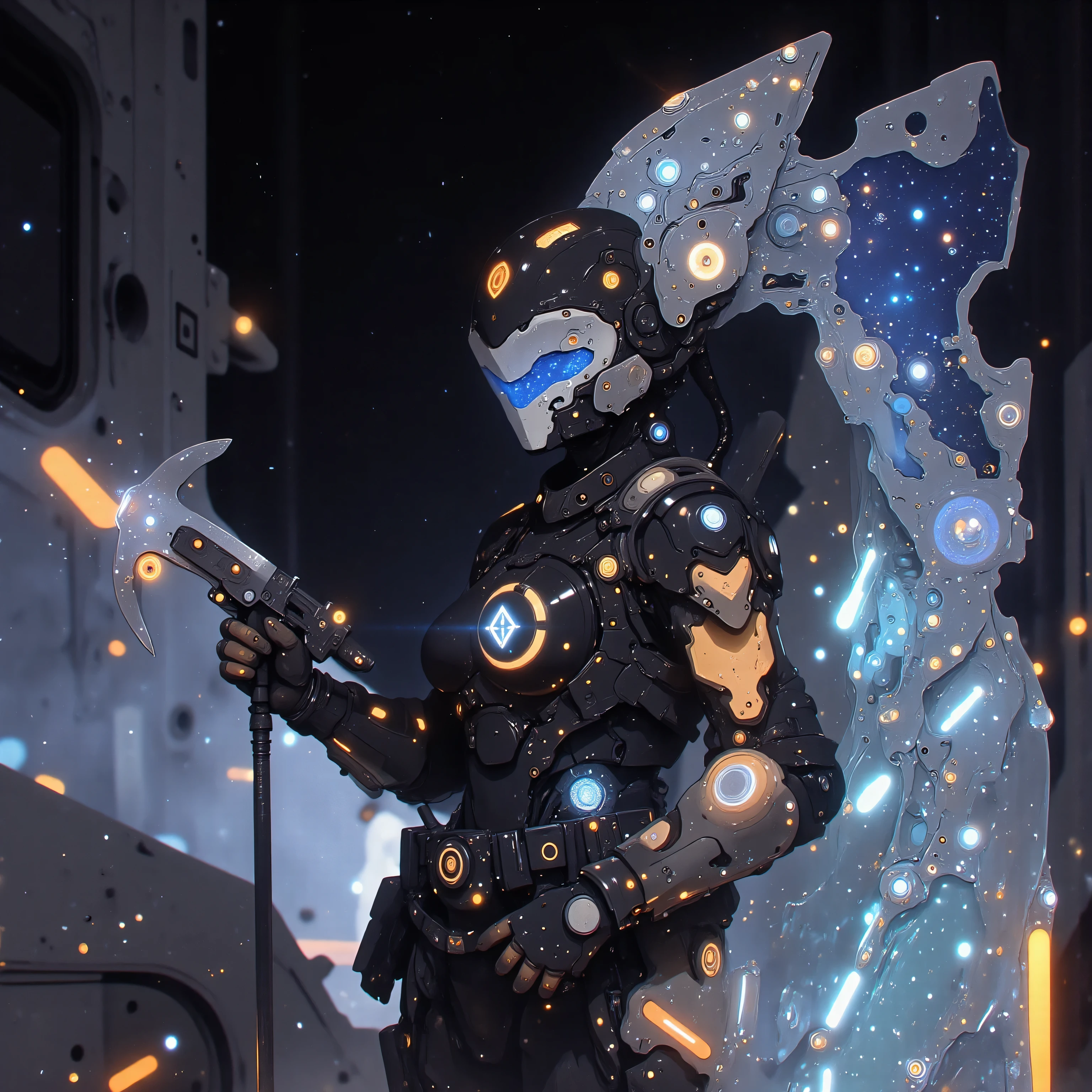 A cybernetic cosmic samurai stands battle-ready on the warship's quantum-core platform, her visor's nebula display tracking potential threats. Emerging from warped spacetime behind her, a crystalline mecha-dragon guardian materializes - its prismatic body composed of interconnected energy shards containing captured stardust. The dragon's articulated wing joints mirror the samurai's astro-mechanical limb design, with plasma conduits pulsing in unison with her armor's nano-weave constellation patterns. As she adjusts her grip on the stellar kunai, the guardian's holographic breath coalesces into defensive energy matrices that interact with the battleship's gravity stabilization fields.
