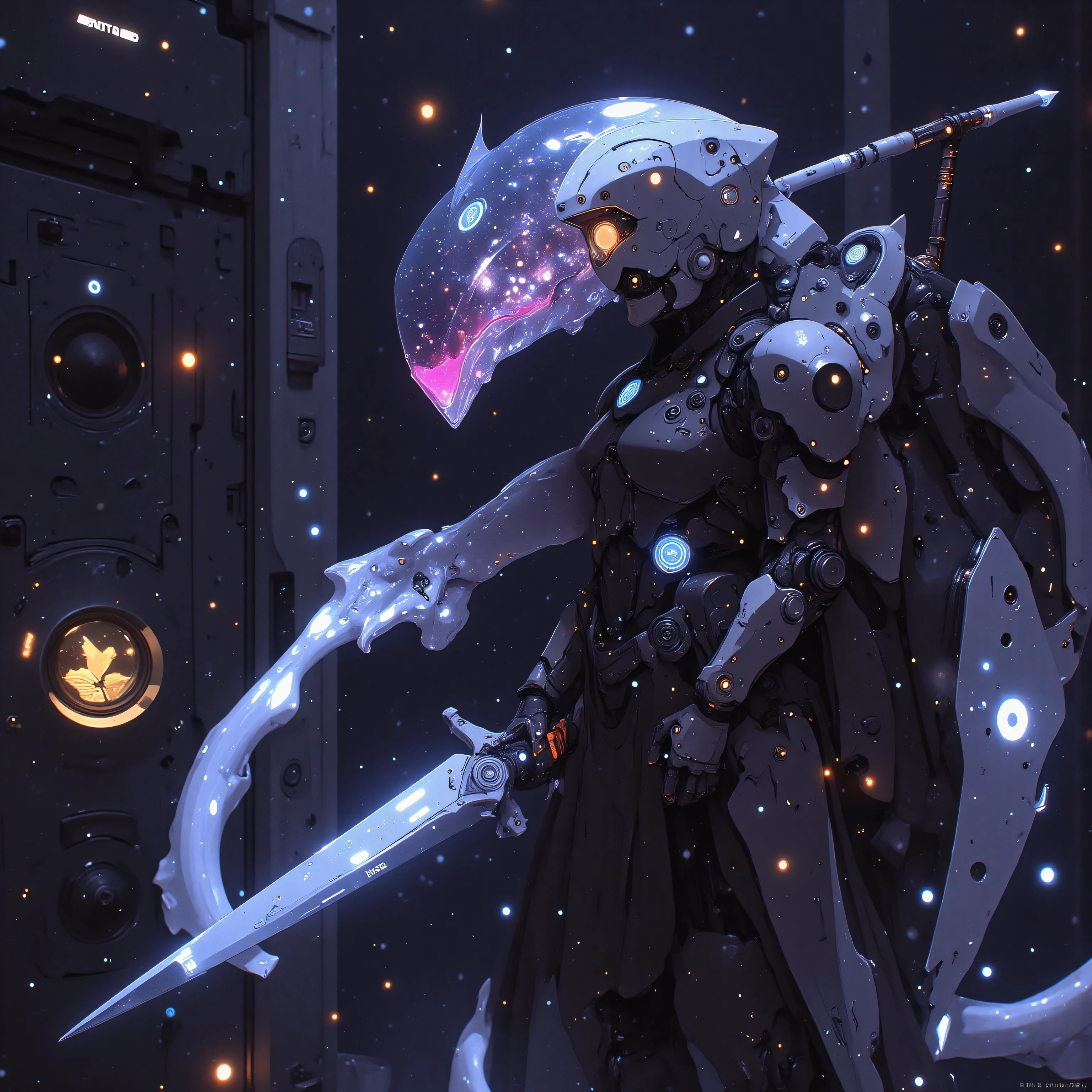 A cybernetic cosmic samurai stands battle-ready on the warship's quantum-core platform, her visor's nebula display tracking potential threats. Emerging from warped spacetime behind her, a crystalline mecha-dragon guardian materializes - its prismatic body composed of interconnected energy shards containing captured stardust. The dragon's articulated wing joints mirror the samurai's astro-mechanical limb design, with plasma conduits pulsing in unison with her armor's nano-weave constellation patterns. As she adjusts her grip on the stellar kunai, the guardian's holographic breath coalesces into defensive energy matrices that interact with the battleship's gravity stabilization fields.