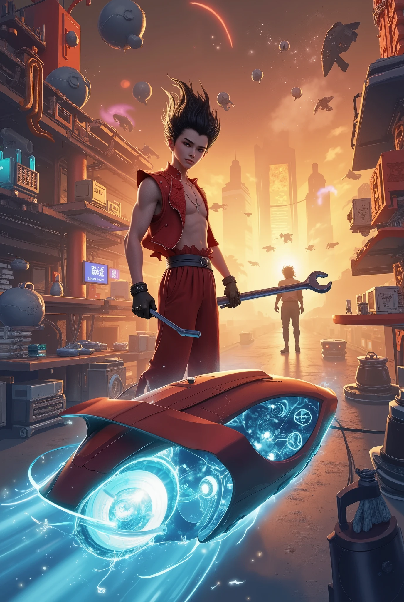 A futuristic auto repair shop with a sleek, neon-lit atmosphere filled with high-tech vehicles. At the center of the scene stands Nezha, now transformed into a skilled mechanic, wearing a modern jumpsuit with subtle, traditional Chinese elements. He holds a futuristic wrench in one hand, focused on repairing a hovering, streamlined car with a glowing blue engine. The car has smooth, metallic surfaces, and delicate, transparent panels that reveal its advanced technology. Around the shop are various tools and machines, many floating or suspended in mid-air, showcasing the high-tech environment. The space is bathed in soft, warm light from floating orbs and neon signs, creating a whimsical and dynamic ambiance. The scene is drawn in a style reminiscent of Studio Ghibli, with soft, hand-painted details and vibrant colors, giving it a dreamlike and fantastical quality. The background shows a futuristic city with flying vehicles zipping by, adding depth and motion to the scene. Nezha’s expression is determined yet calm, embodying both his mythical origins and his new role in this technologically advanced world.