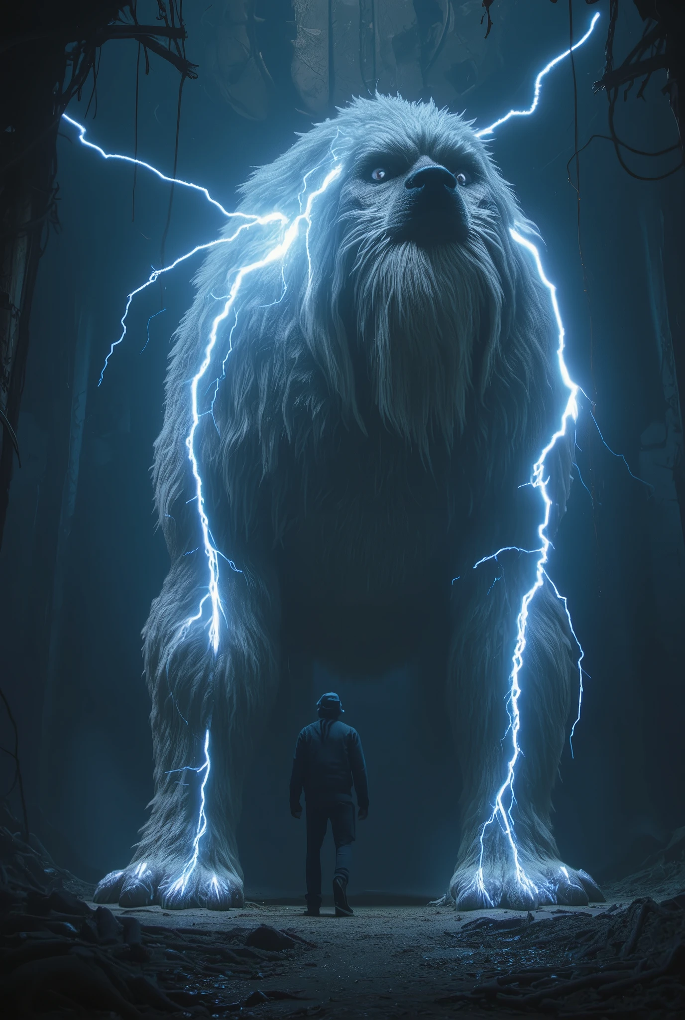 A criature, giant lighting monster, quadruped animal, hairy, with shiny eyes, calming but terrified feature, cinematic, 16k, uhd, perfect image, professional photo, dark light, detailed 
