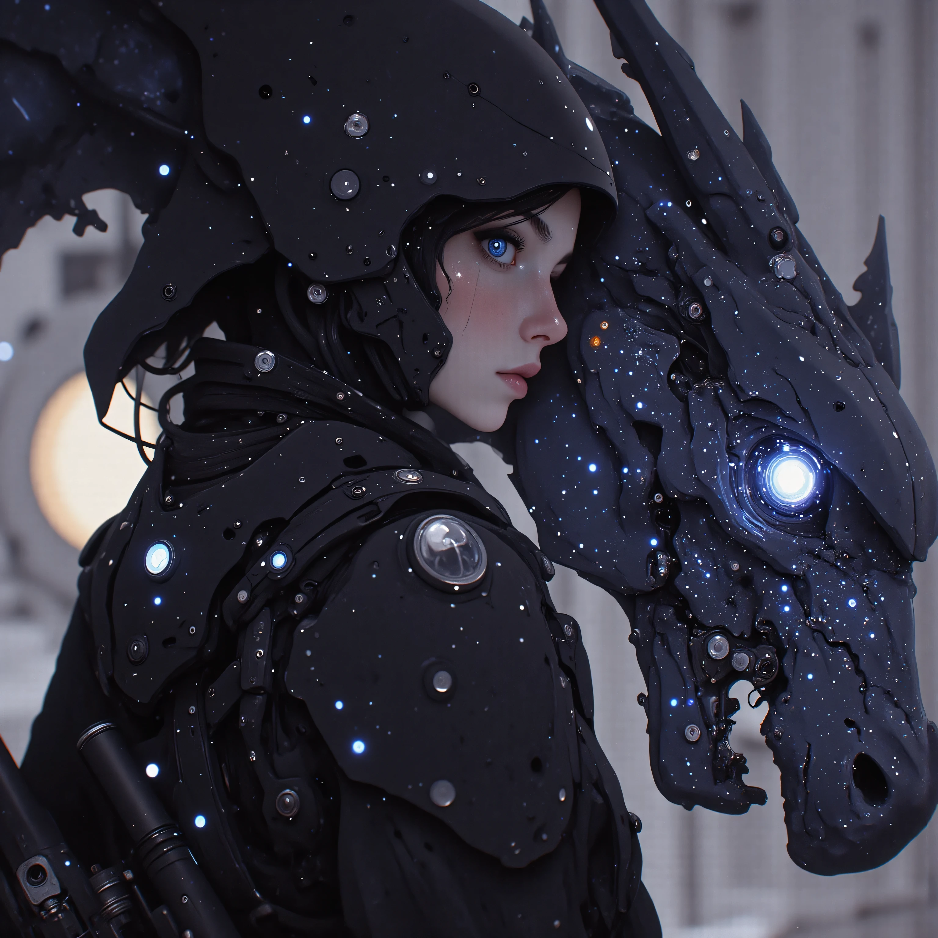 On the pulsating bridge of an interstellar dreadnought, the female samurai's obsidian helm projects tactical holograms across her augmented vision. A serpentine mecha ryū materializes in her wake, its segmented body forged from compressed dark matter and bound by electromagnetic containment fields. The dragon's articulated claws crackle with the same quantum energy flowing through her augmented arm's plasma veins, while its tail movements generate protective energy storms matching the warship's shield frequencies. Their synchronized combat systems manifest in swirling nebula patterns that dance across both the samurai's armor threading and the dragon's holographic scales.