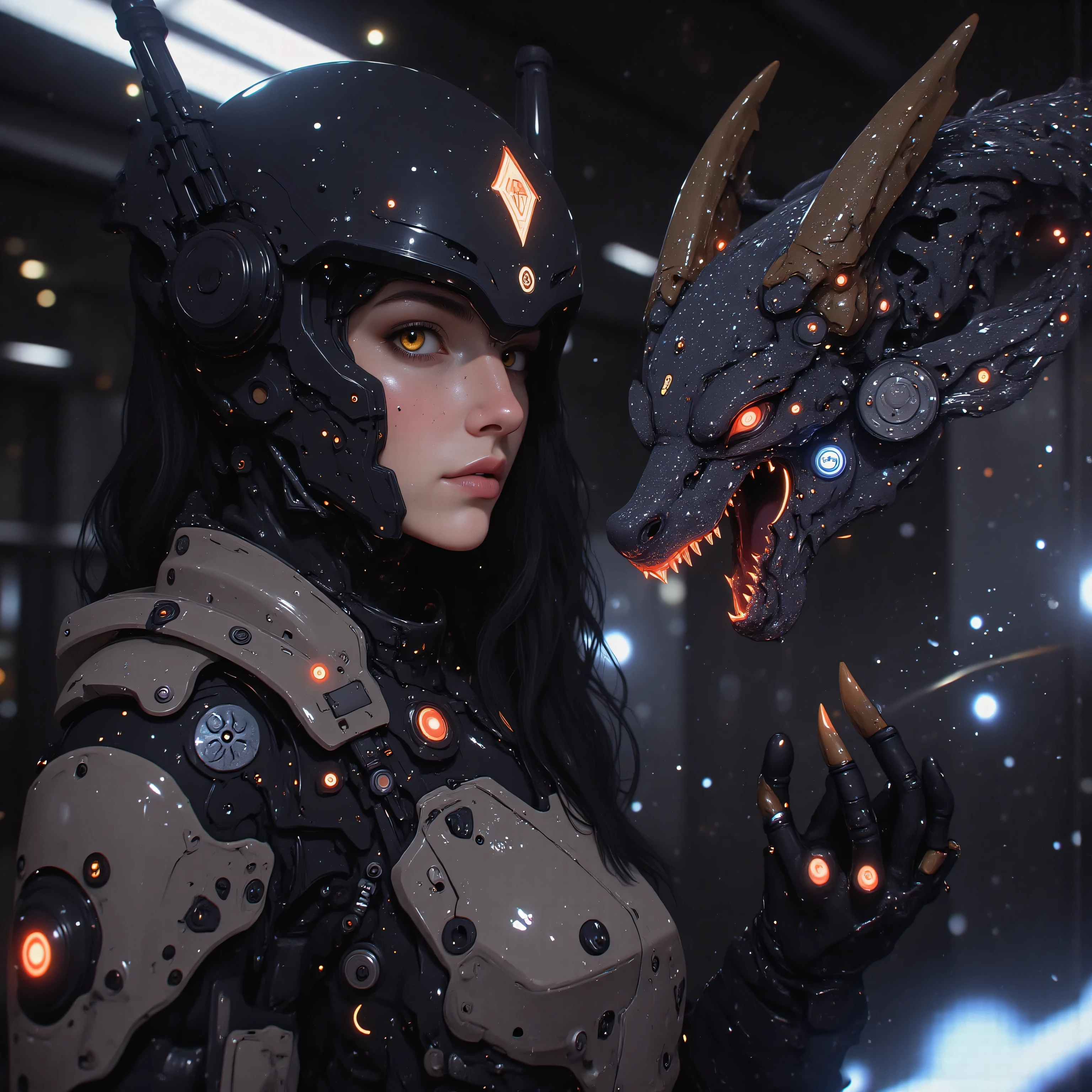 On the pulsating bridge of an interstellar dreadnought, the female samurai's obsidian helm projects tactical holograms across her augmented vision. A serpentine mecha ryū materializes in her wake, its segmented body forged from compressed dark matter and bound by electromagnetic containment fields. The dragon's articulated claws crackle with the same quantum energy flowing through her augmented arm's plasma veins, while its tail movements generate protective energy storms matching the warship's shield frequencies. Their synchronized combat systems manifest in swirling nebula patterns that dance across both the samurai's armor threading and the dragon's holographic scales.