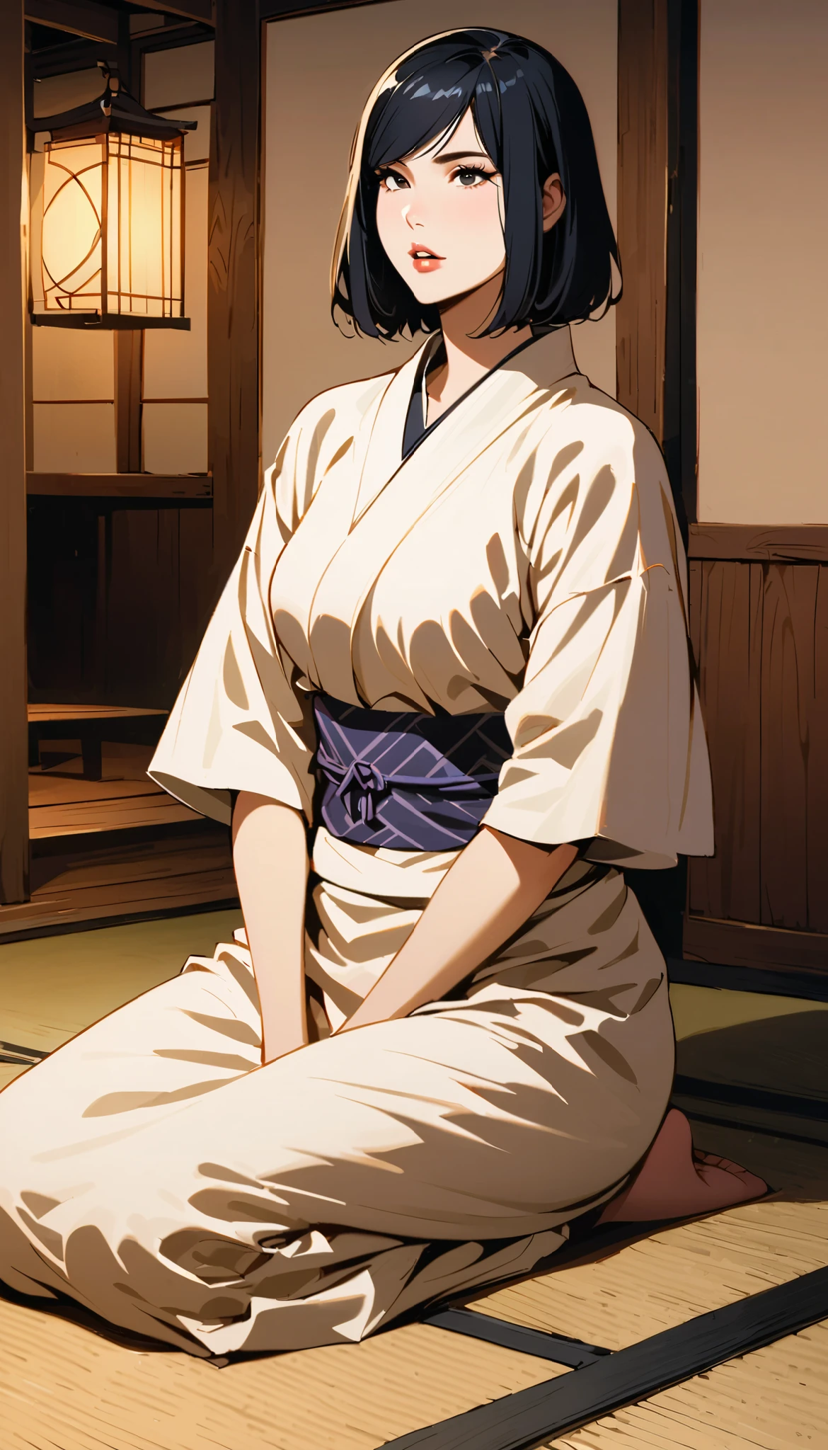 vintage movie, girl, short hair, navy hair, straight hair, woman body, white kimono, tatami, meditating
, hyuga clan, shinobi village, konohagakure, (((perfect lips))), perfect hair