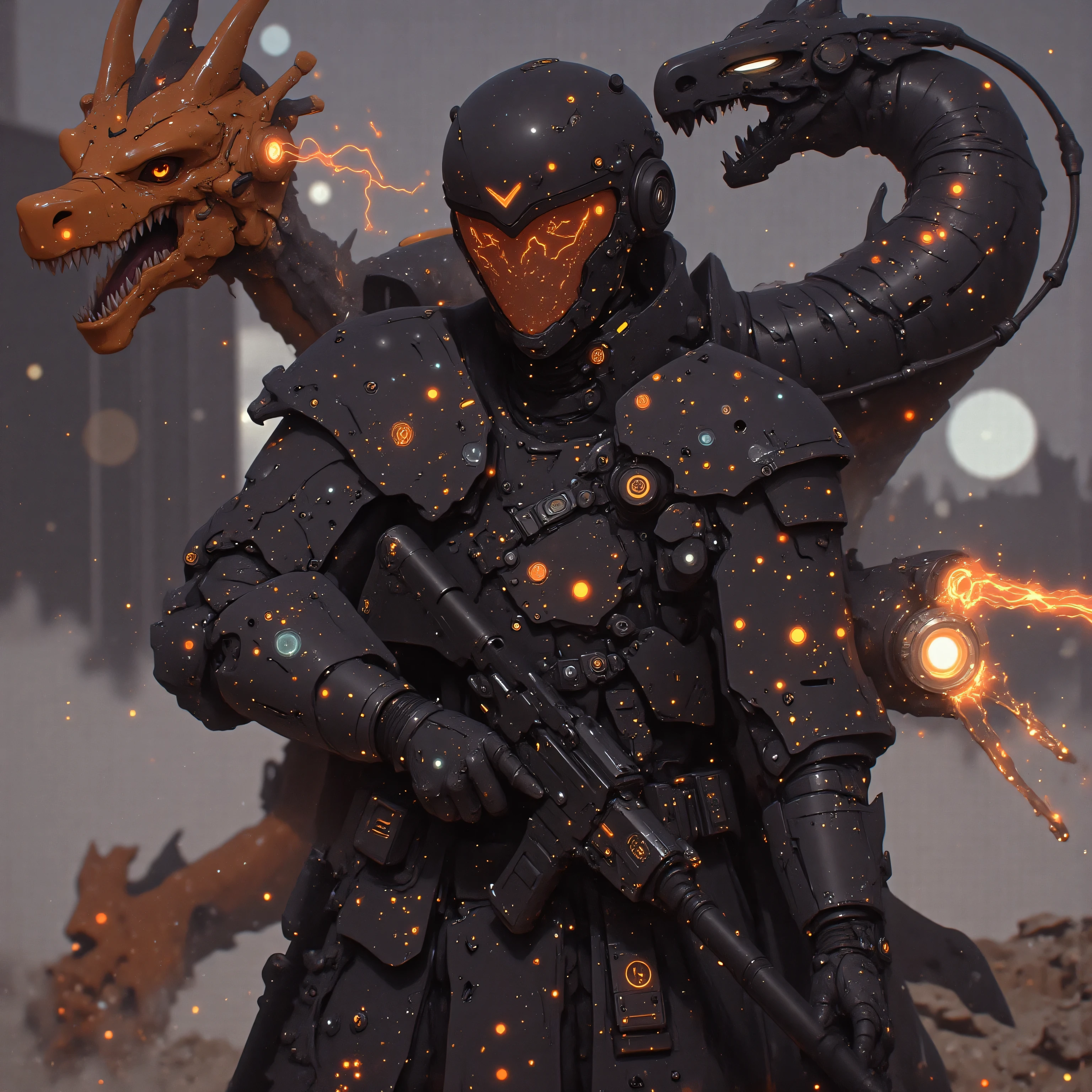 A cybernetic samurai charges across the battleship's quantum-engine array, her space-helm visor blazing with tactical constellations. A fractal-winged mecha ryū erupts from warp-space behind her, its body composed of overlapping energy shields that refract the warship's pulsar cannons. The dragon's articulated mandibles crackle with the same stellar plasma flowing through her augmented arm's conduits, while its tail movements generate gravitational distortions synced to her zero-gravity obi modules. Their combined energy signatures paint nebula patterns across the nano-weave of her meteorite-forged greaves.