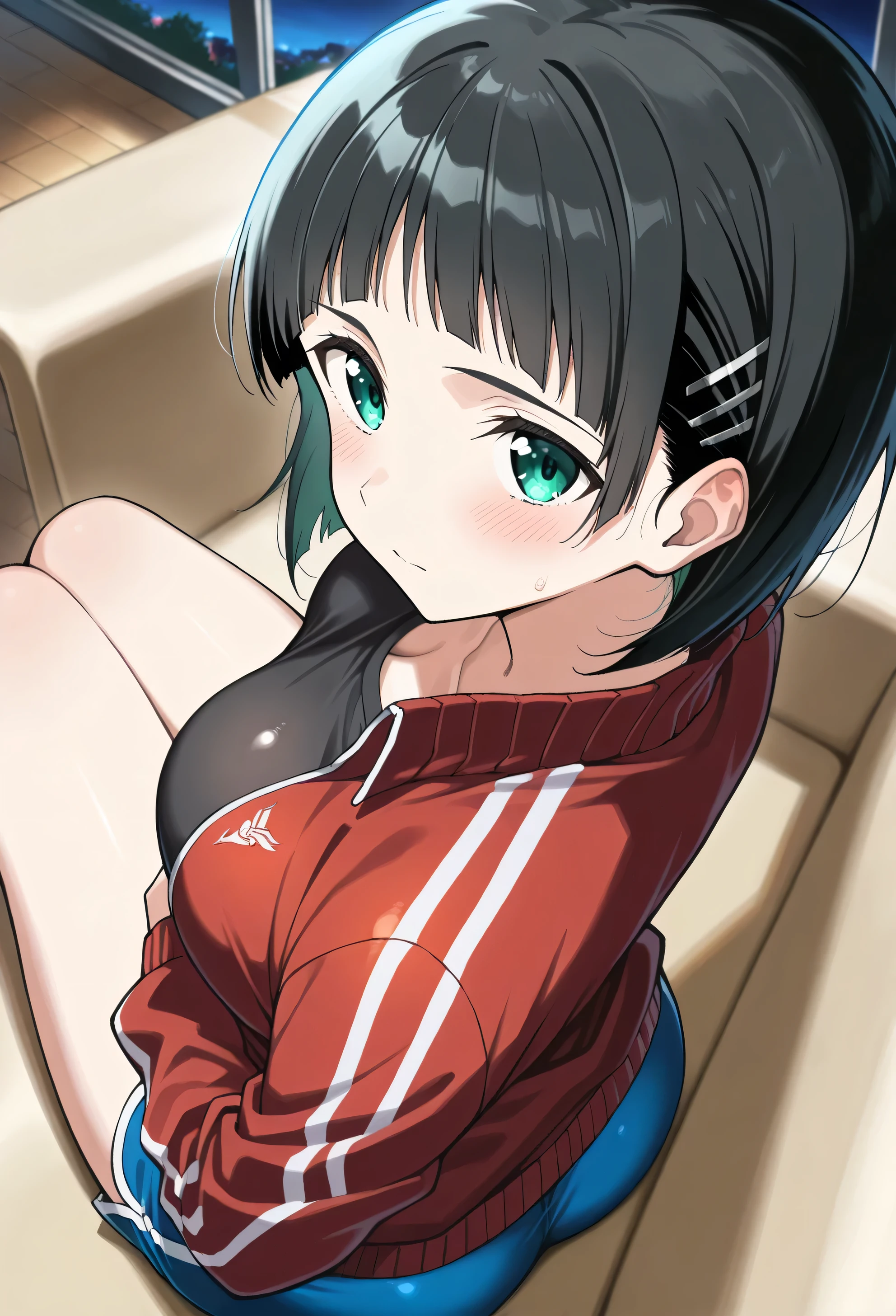 masterpiece, best quality, high quality, nsfw,
BREAK
suguha kirigaya, short hair, black hair, hair ornament, hairclip, green eyes, shorts, short shorts, blue shorts, track jacket, dolphin shorts, gym shorts, red jacket, shirt, black shirt,
BREAK above view, from back, breasts closeup, head, solo, jacket close, sitting on sofa, indoors, living room, sofa, night, cartain