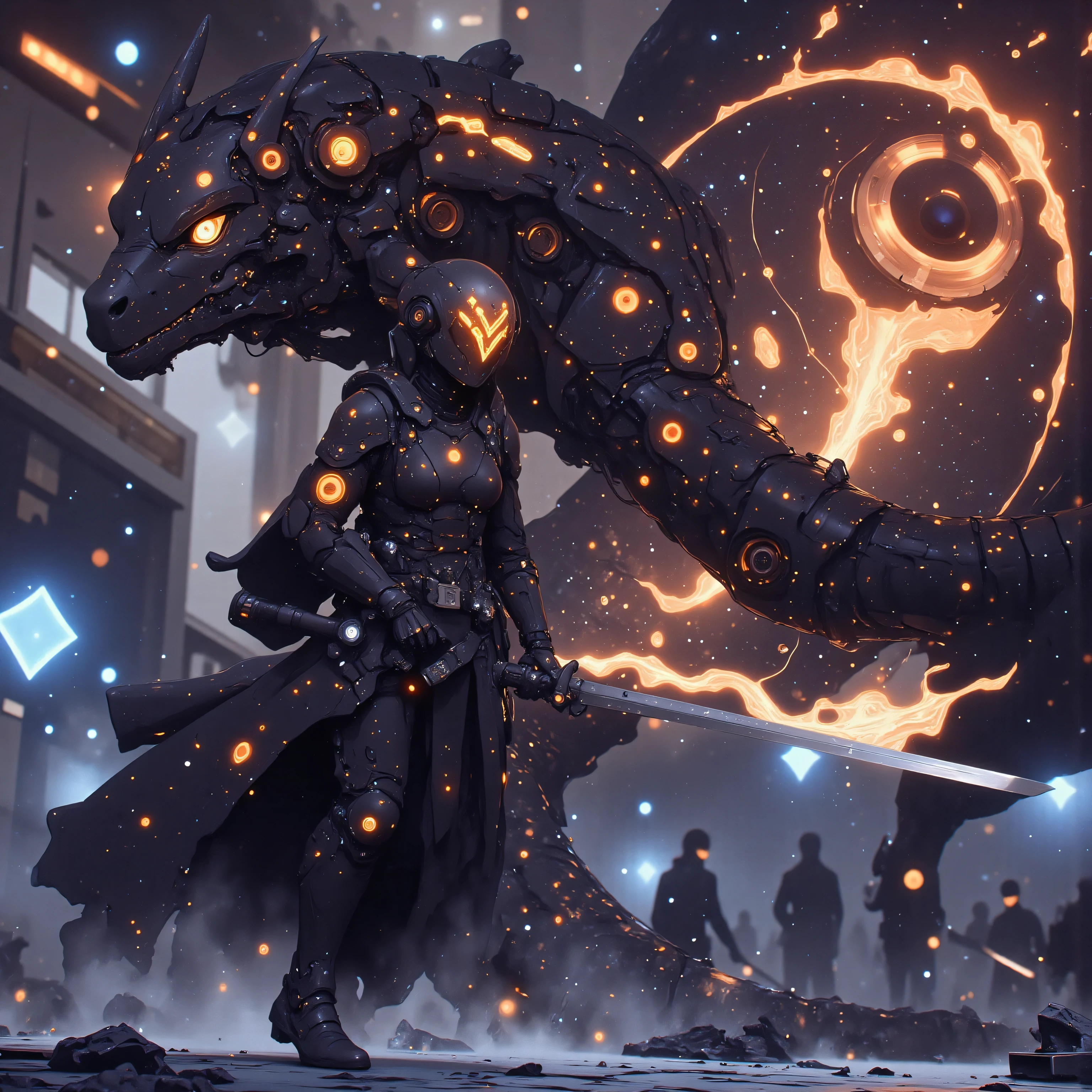 A cybernetic samurai charges across the battleship's quantum-engine array, her space-helm visor blazing with tactical constellations. A fractal-winged mecha ryū erupts from warp-space behind her, its body composed of overlapping energy shields that refract the warship's pulsar cannons. The dragon's articulated mandibles crackle with the same stellar plasma flowing through her augmented arm's conduits, while its tail movements generate gravitational distortions synced to her zero-gravity obi modules. Their combined energy signatures paint nebula patterns across the nano-weave of her meteorite-forged greaves.