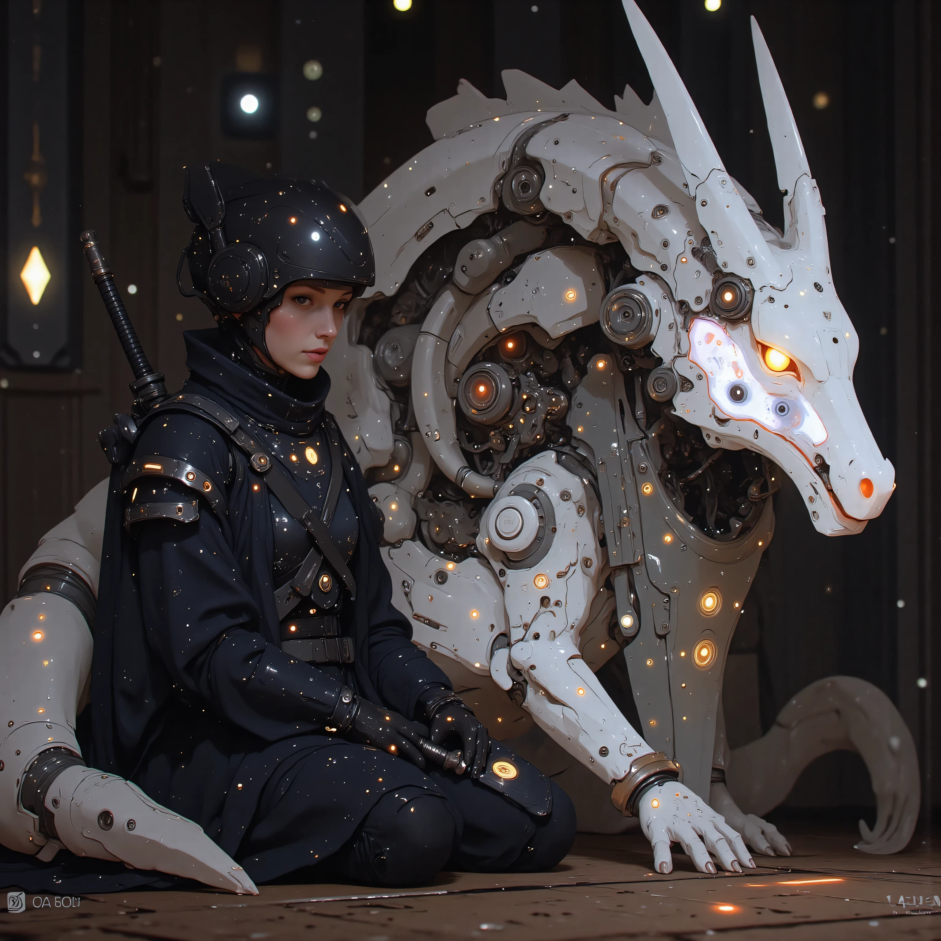 The cosmic warrior kneels in meditation beneath the battleship's warp nacelles, her mechanized limb interfacing with navigation systems. A phantom mecha-dragon guardian phases into existence behind her, its translucent form revealing internal clockwork mechanisms powered by miniature neutron stars. Energy tendrils extend from the dragon's articulated spine to connect with the samurai's kabuto helmet, creating a neural link that enhances her tactical awareness. As stellar energy courses through her plasma kunai, the guardian's holographic wings unfold into defensive screens that replicate the constellation patterns glowing in her armor's nano-weave surface.