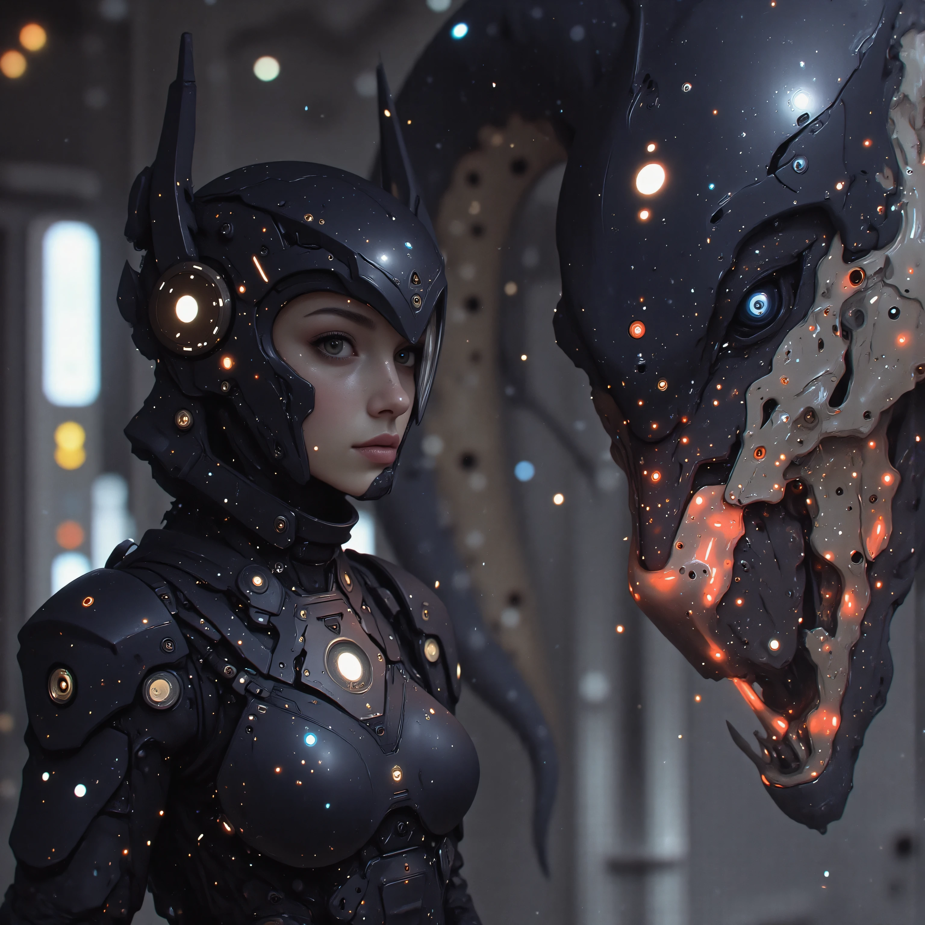 On the pulsating bridge of an interstellar dreadnought, the female samurai's obsidian helm projects tactical holograms across her augmented vision. A serpentine mecha ryū materializes in her wake, its segmented body forged from compressed dark matter and bound by electromagnetic containment fields. The dragon's articulated claws crackle with the same quantum energy flowing through her augmented arm's plasma veins, while its tail movements generate protective energy storms matching the warship's shield frequencies. Their synchronized combat systems manifest in swirling nebula patterns that dance across both the samurai's armor threading and the dragon's holographic scales.