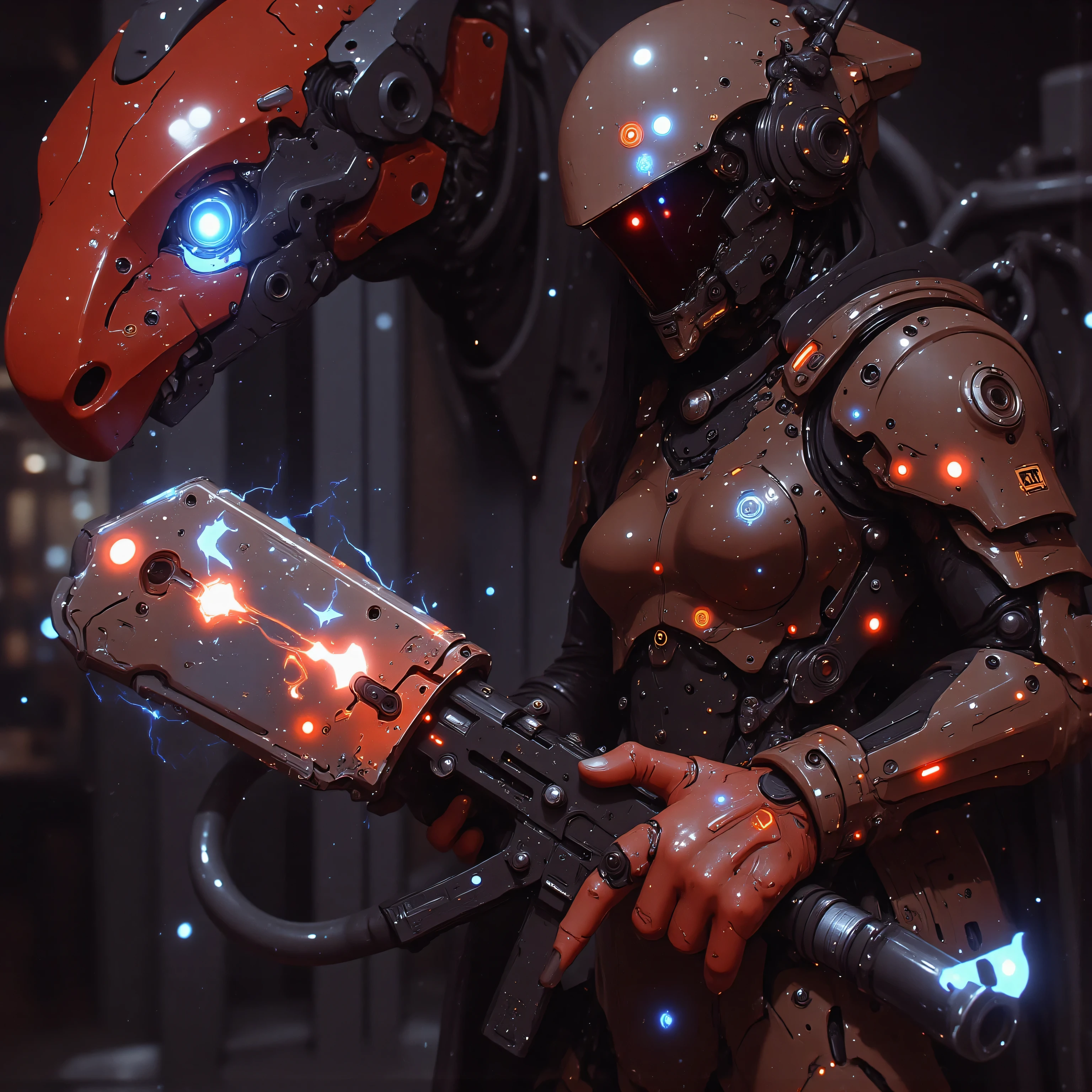 On the pulsating bridge of an interstellar dreadnought, the female samurai's obsidian helm projects tactical holograms across her augmented vision. A serpentine mecha ryū materializes in her wake, its segmented body forged from compressed dark matter and bound by electromagnetic containment fields. The dragon's articulated claws crackle with the same quantum energy flowing through her augmented arm's plasma veins, while its tail movements generate protective energy storms matching the warship's shield frequencies. Their synchronized combat systems manifest in swirling nebula patterns that dance across both the samurai's armor threading and the dragon's holographic scales.