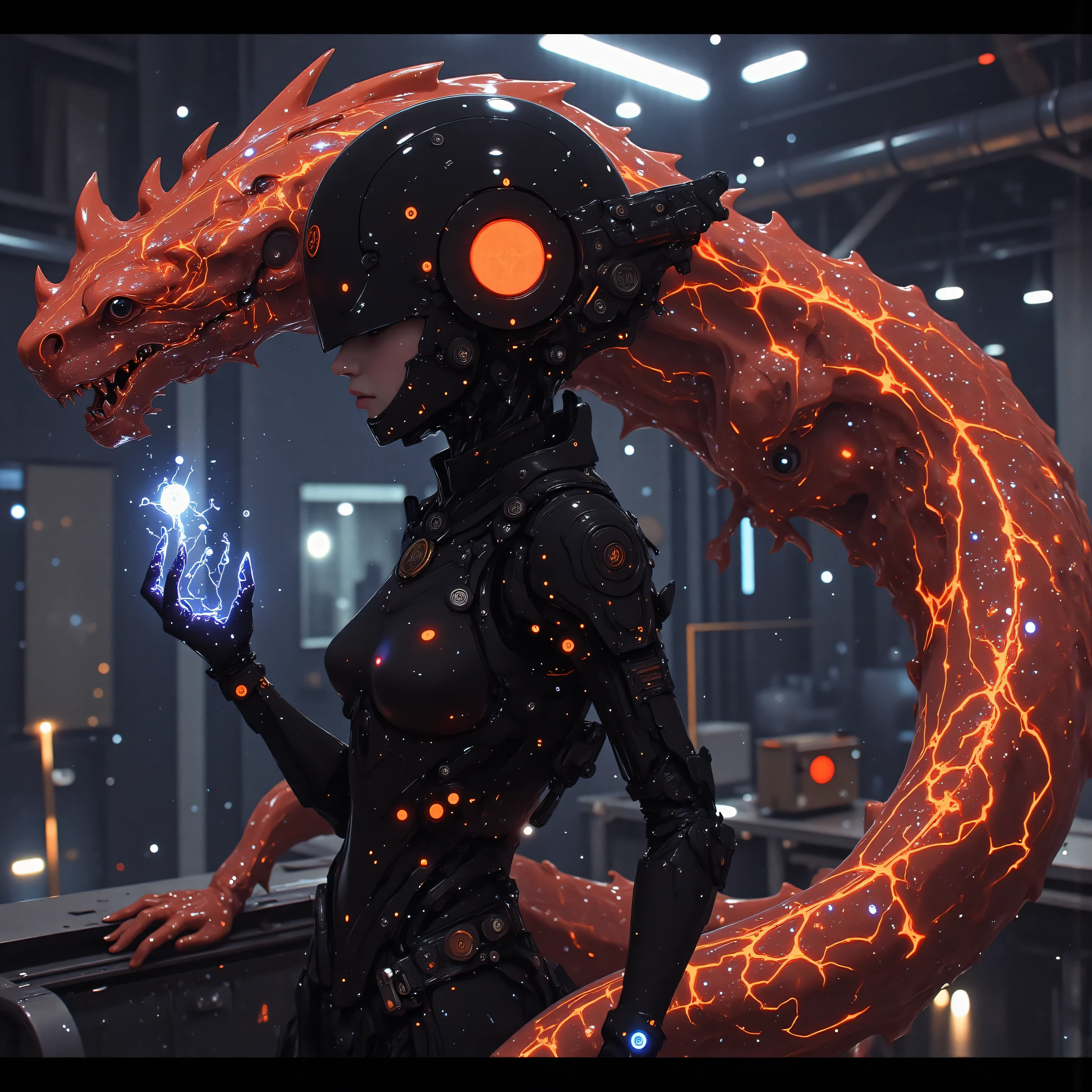 On the pulsating bridge of an interstellar dreadnought, the female samurai's obsidian helm projects tactical holograms across her augmented vision. A serpentine mecha ryū materializes in her wake, its segmented body forged from compressed dark matter and bound by electromagnetic containment fields. The dragon's articulated claws crackle with the same quantum energy flowing through her augmented arm's plasma veins, while its tail movements generate protective energy storms matching the warship's shield frequencies. Their synchronized combat systems manifest in swirling nebula patterns that dance across both the samurai's armor threading and the dragon's holographic scales.
