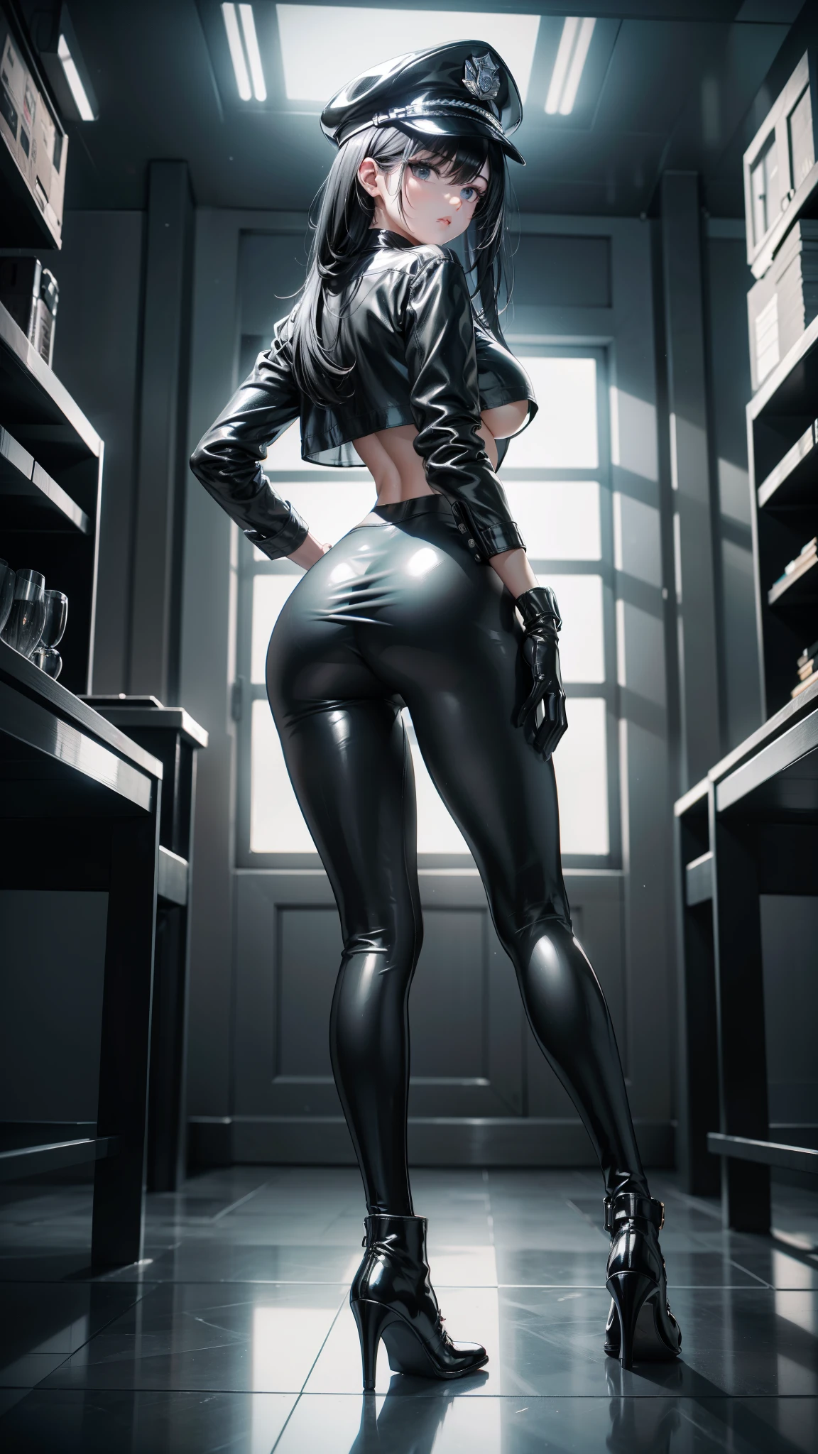 sexy policewoman squad is inside the police station wardrobe room while dressing up very tight clothes on their bodies and gearing up with firearms and handcuffs prepairing for the mission as search for something in the closet, wearing navy blue very tight clothes, sleeveless, dressing up, latex dress or bodysuit, wearing stockings with hooks, garter belt, choker, collar, corsait, short tight skirts, high heel overknee leather boots, long legs, tight holster with the gun, handcuffs wearing heavy makeup, intense lipstick and eyeliner, long straight ponytail, showing backs, full body shot, shot from the floor,not looking at viewer,
