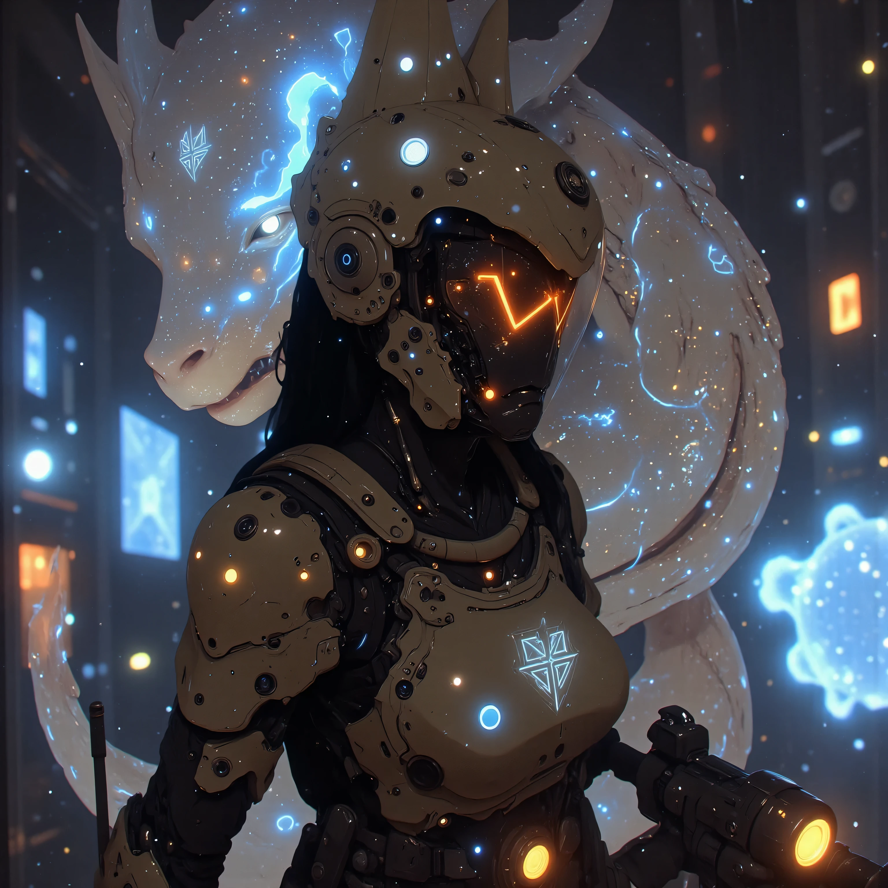 A cosmic warrior stands vigilant on the battleship's glowing observation deck, her space-helm's nebula-reflecting visor scanning tactical horizons. Towering behind her, a semi-transparent mecha ryū guardian shimmers into existence - its serpentine form woven from pulsating energy threads and holographic armor plates that mimic the samurai's own celestial combat systems. The dragon's articulated claws crackle with the same stellar energy that courses through her astro-mechanical limb's plasma conduits, while its segmented tail mirrors the floating interface rings surrounding her augmented joints. As the warship's warp core casts blue holographic patterns across her nano-weave armor, the guardian dragon's prismatic scales simultaneously project defensive energy matrices that intertwine with the zero-gravity stabilization modules in her obi belt.