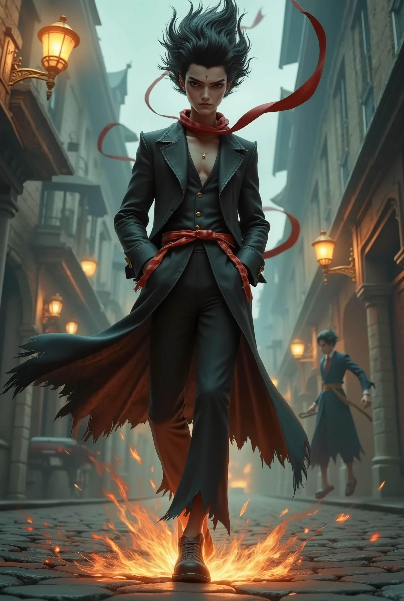 A confident and laid-back Nezha, with his hands casually tucked into his pockets, strolls through a foggy, Victorian-era street inspired by the world of Jack the Ripper. He is dressed in a classic Charlotte Holmes detective outfit: a sharp, dark trench coat with a high collar, a fitted waistcoat underneath, and a checkered scarf draped loosely around his neck. His piercing eyes scan the mysterious surroundings as gas lamps flicker softly, casting an eerie glow on the cobblestone streets. The buildings are old, with intricate, gothic architecture, and a misty atmosphere envelops the scene, giving it a sense of intrigue. A distant figure lurks in the shadows, adding to the tension, while the faint outline of a horse-drawn carriage can be seen in the background. Nezha's iconic ring of fire subtly glows beneath his feet, hinting at his celestial origins, contrasting with the grim and unsettling world he walks through. The composition is balanced, with Nezha taking center stage, yet surrounded by the haunting streets, making him both a part of this mysterious world and apart from it. The lighting emphasizes his figure against the murky background, creating a sense of isolation and cool confidence.

