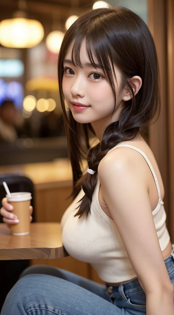 Produce the highest quality and highest resolution 8K images。Please draw the upper body of a 20 year old Japanese woman.。Please draw an image of someone relaxing while drinking tea in a stylish coffee shop.。She has brown eyes and a model-like figure、She has an idol-level cute face.。The hair is in a ponytail。she、I'm smiling at the camera。