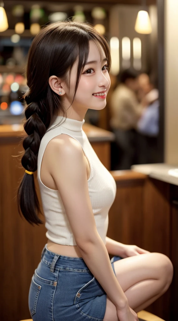 Highly detailed CG Unity 8k wallpaper, top quality, super detailed, masterpiece, realistic, photorealistic, highly detailed cute girl, 25 years old, (miniskirt denim:1.3),
(sleeveless sweater:1.3) ,   smile,  parted lips, round eyes, large breasts, viewer, full body shot , bar , braid , sitting , ass shot