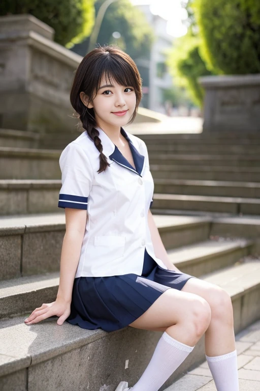 (realistic, photo realistic:1.2), ((highest quality)), move the center of gravity backwards, pretty embarrassing, white panties, (show panties:1.4),Tight Skirt, (Panty shot:1.3), (pull up the skirt:1.3), (squat:1.4), put the heel on the ground, spread your legs a little, squat with your knees up, Attach your ass to the ground, black penny loafers, beautiful face details, real human skin, gentle expression, Front view, angle from below, realistic, photorealistic, cute, short skirt, squat deep on school grounds, cute school girl, Japanese high school girl uniform, sailor suit, whole body,Smile, natural smile, charming smile, enchanting smile, (looking at the viewer:1.2), From before, from below,