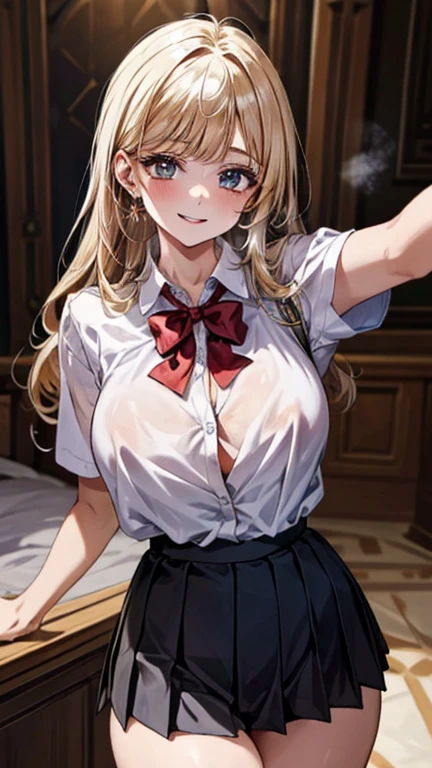 Adult Woman, Long dark blonde wavy hair、White and pink dress, Puffy nipple、(Long flared skirt)、garter stocking、beautiful tiara、耳Nipple Ring、Medium milk, cute smile face、((Touching your with both hands))、(Pose to lean forward and emphasize the chest)、(turned around)、sexy hips、high-heels、Library Desk、sexy  pose、A big smile while looking at the camera