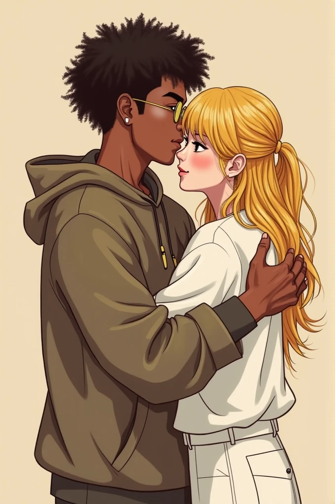 A chubby dark-skinned man and a white girl with long hair whose face cannot be seen hugging each other